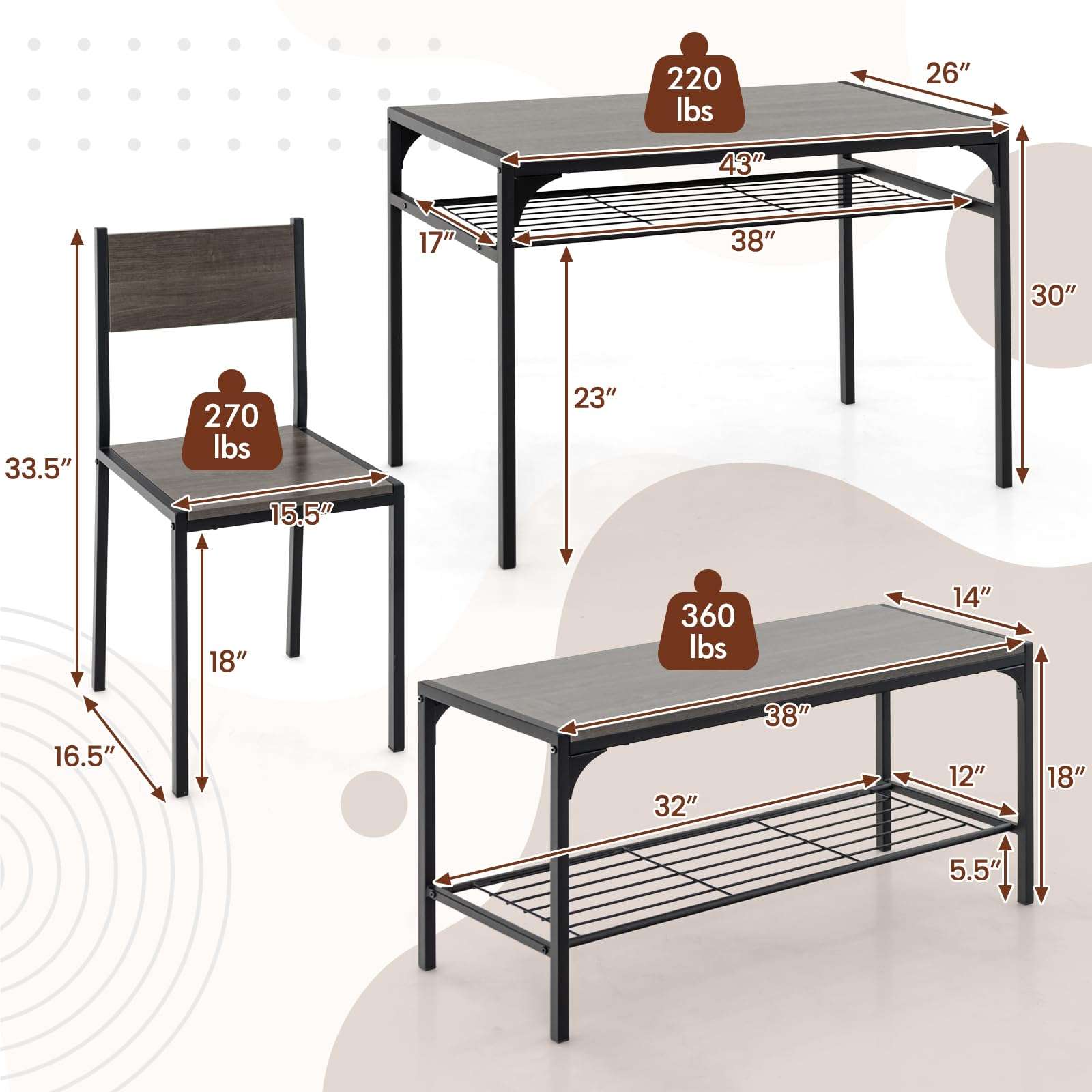 COSTWAY 4 Pieces Dining Table Set, Kitchen Table and 2 Chairs for 4 with Bench, Storage Racks, Metal Frame & Space-saving Design, Industrial Kitchen Table Set for Small Space, Apartment (Black & Grey) - Image 3