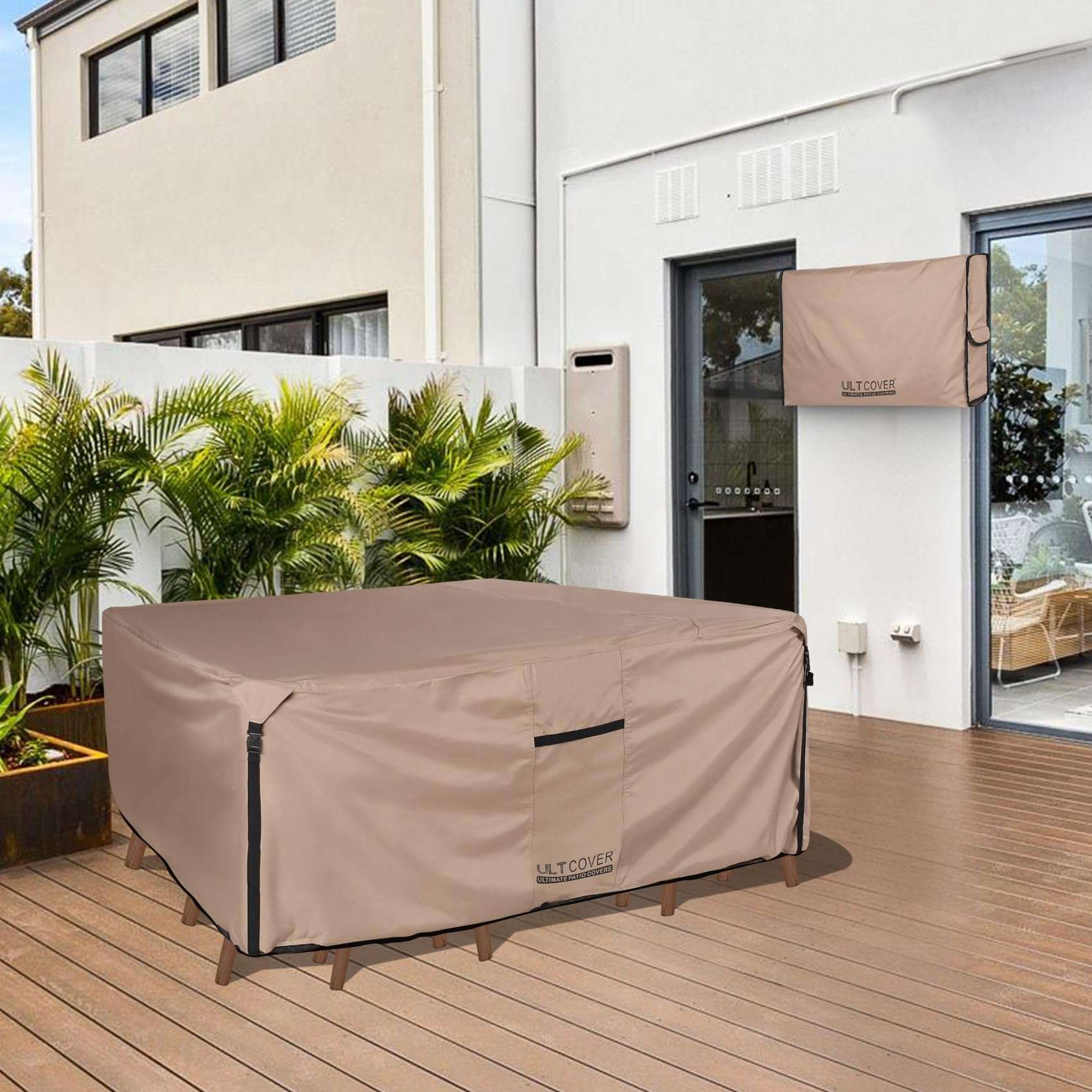 ULTCOVER Rectangular Patio Heavy Duty Table Cover - 600D Tough Canvas Waterproof Outdoor Dining Table and Chairs General Purpose Furniture Cover Size 111L x 74W x 28H inch - Image 2