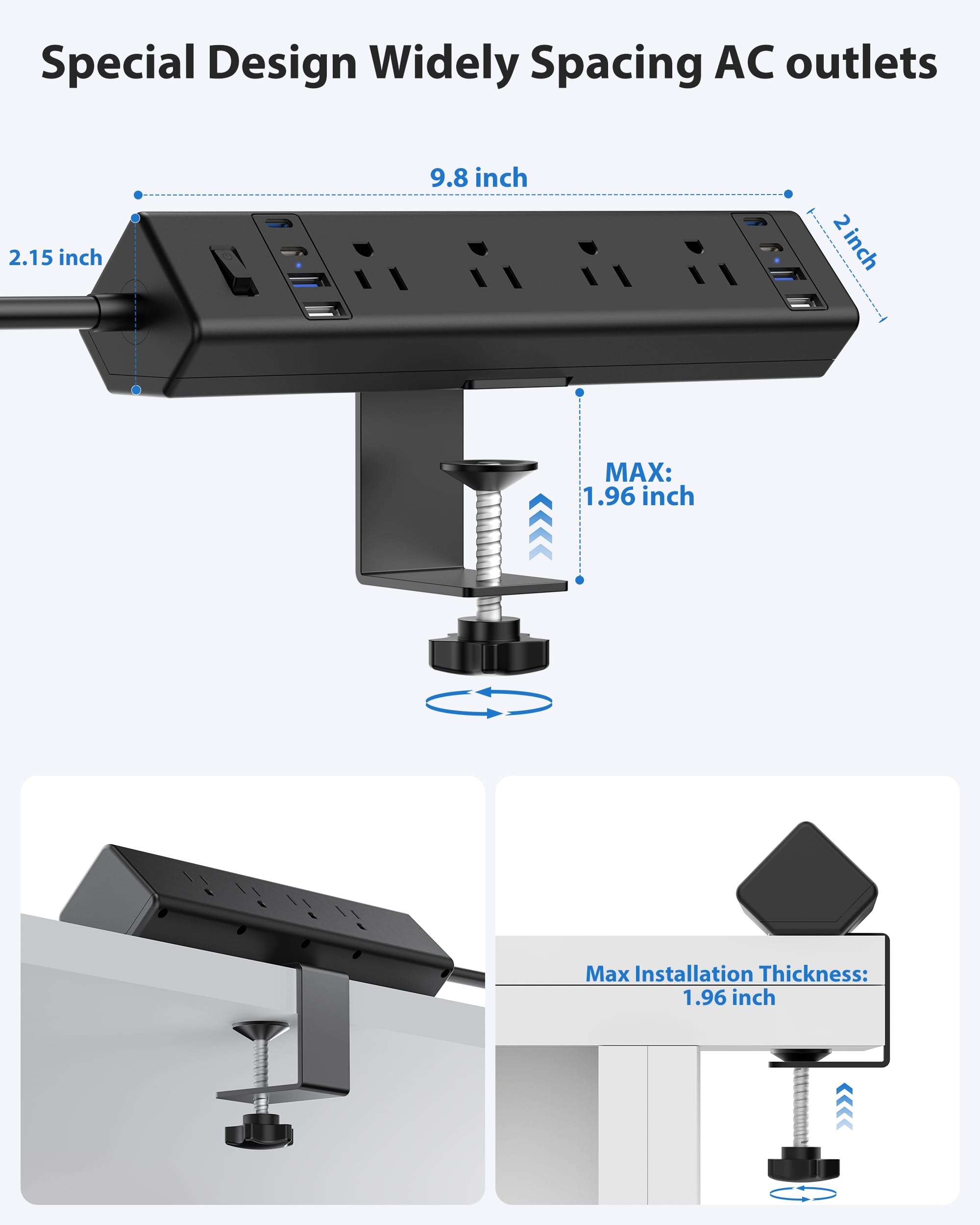40W Fast Charging Station,Desk Clamp Power Strip 20W USB C,8 Outlets,8 USB Ports,4 USB C and 4 USB A, Office Furniture Surge Protector, 14AWG Cord, Fits 1.9" Tabletop Edge (Black, 10FT Length) - Image 2