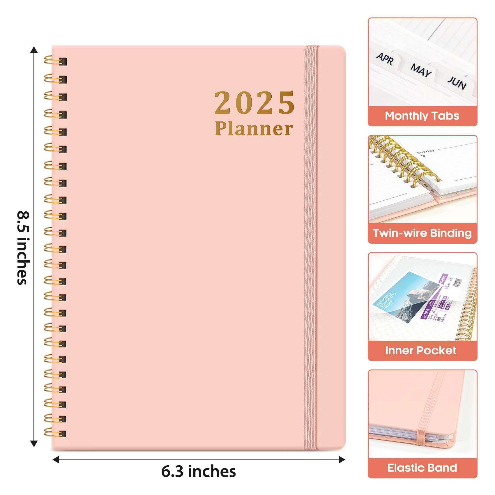 2025 Planner - Weekly and Monthly Planner Spiral Bound, January 2025 - December 2025, Hardcover 2025 Calendar Planner Book with Tabs, Inner Pocket, Perfect for Office Home School Supplies - A5 (6.3" x 8.5"), Pink - Image 3