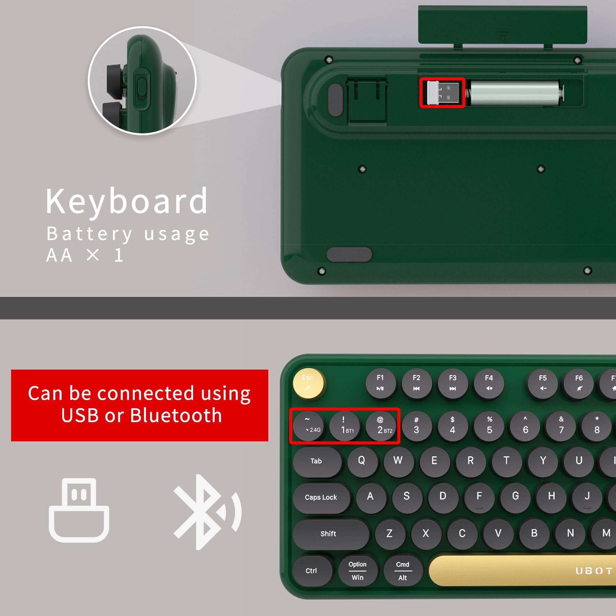 UBOTIE Dual Mode Colorful Wireless Keyboard, Bluetooth and USB Receiver Retro Typewriter Round Keycaps Keyboard Support Multi Devices for PC Laptop Tablet Phones(Dark-Green) - Image 5