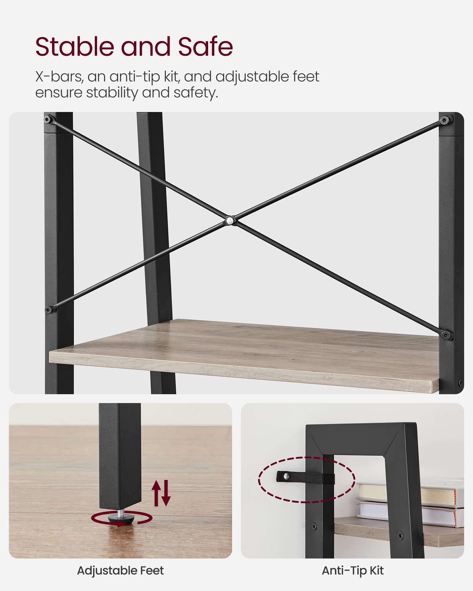 VASAGLE Ladder Shelf, 4-Tier Bookshelf, Storage Rack, Bookcase with Steel Frame, for Living Room, Home Office, Kitchen, Bedroom, Industrial Style, Heather Greige and Ink Black ULLS44MB - Image 5