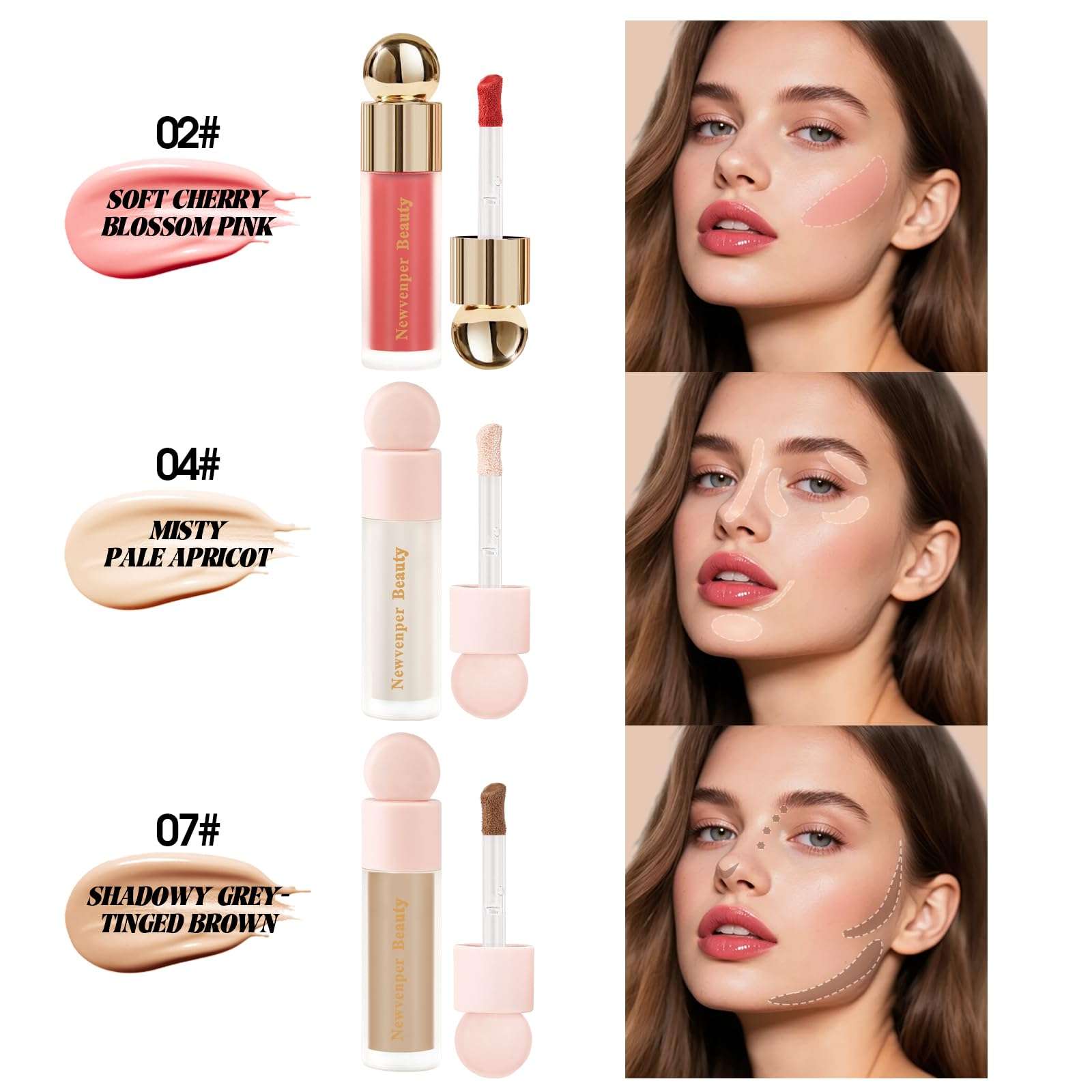 Liquid Contour,Liquid Highlighter, Blush with Face Brush Long Lasting Smooth Lightweight Smudge Proof Contour+ Blush+ Highlighter - Image 2