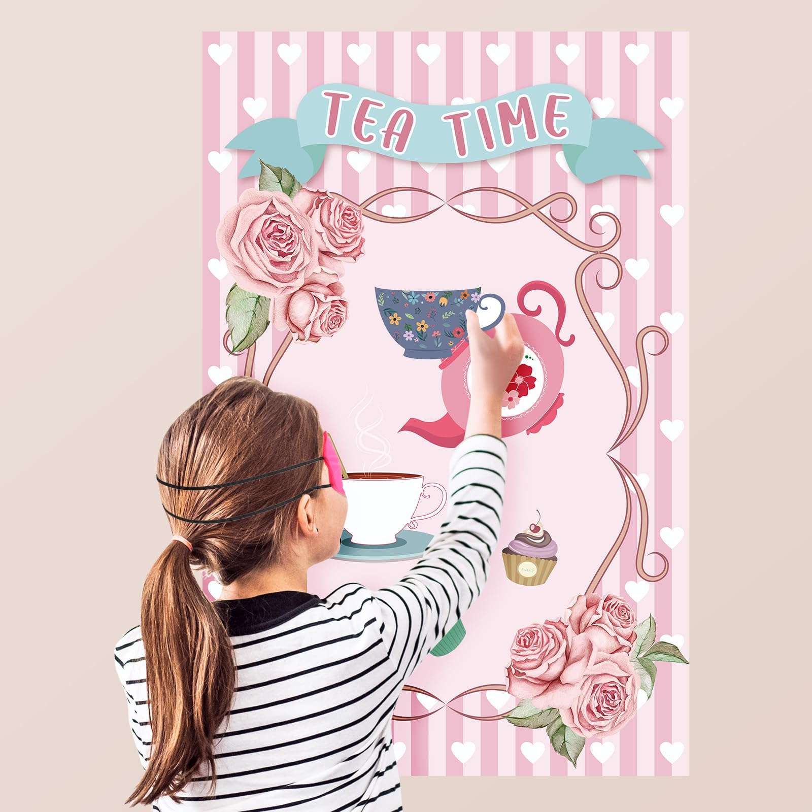 Hxezoc Tea Party Games: Pin The Tea Cup With 24 Pcs Stickers, Large Games Poster for Girls' Birthday Party - Image 2