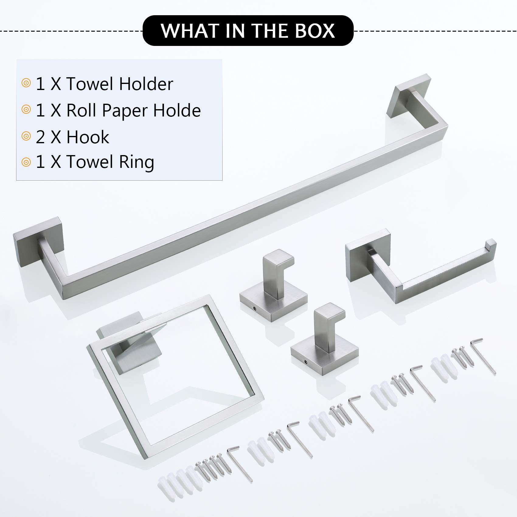 TNOMS Bathroom Towel Bar Set 5 Pieces Brushed Nickel Square Modern Bathroom Hardware Set,Stainless Steel Wall Mounted 23.6-Inch - Image 7