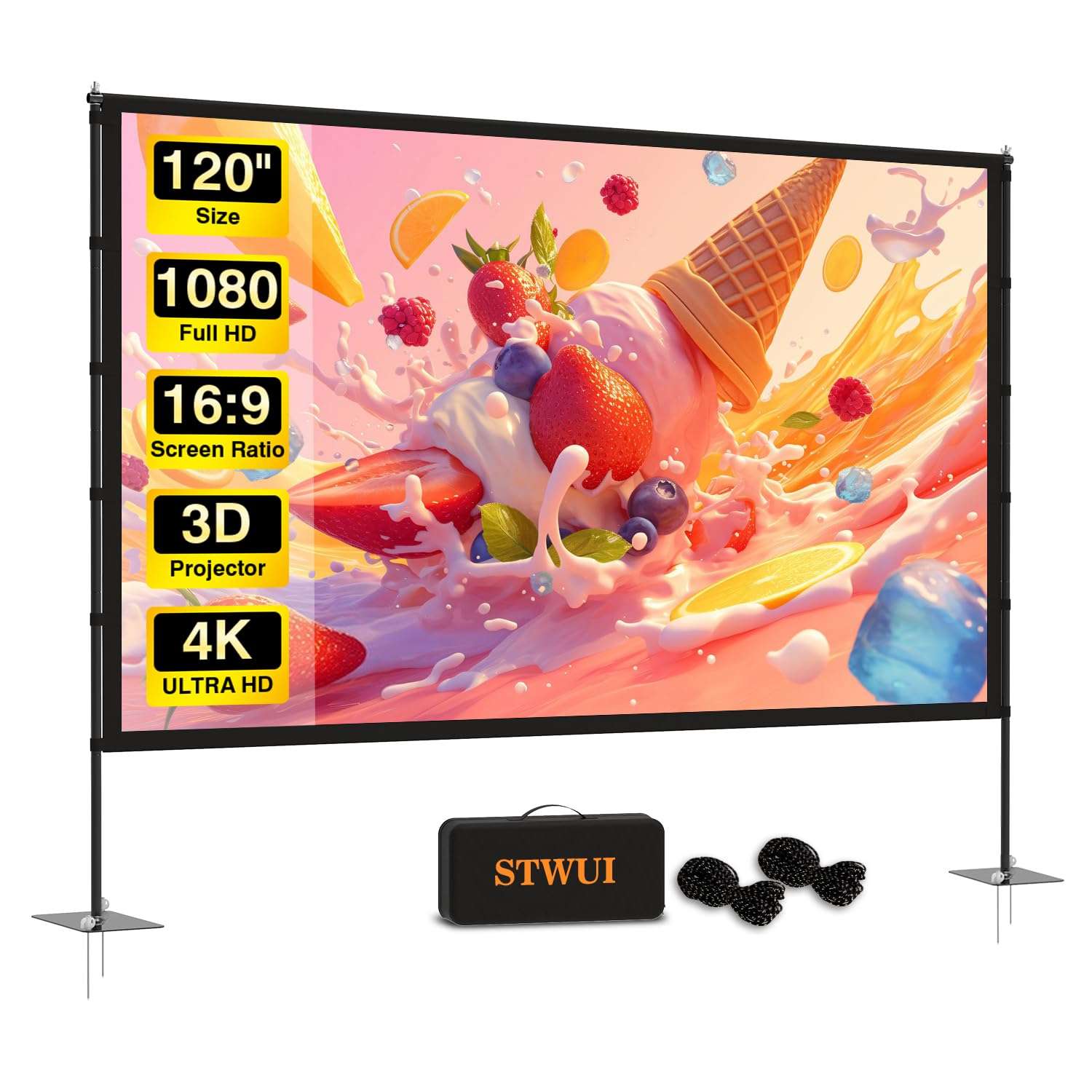 Outdoor-Projector-Screen-with-Stand - 120 inch Portable Projector Screen Indoor Outdoor Projector Screens 16:9 4K HD Lightweight Movie Screen with Carry Bag for Backyard Movie Night - Image 1