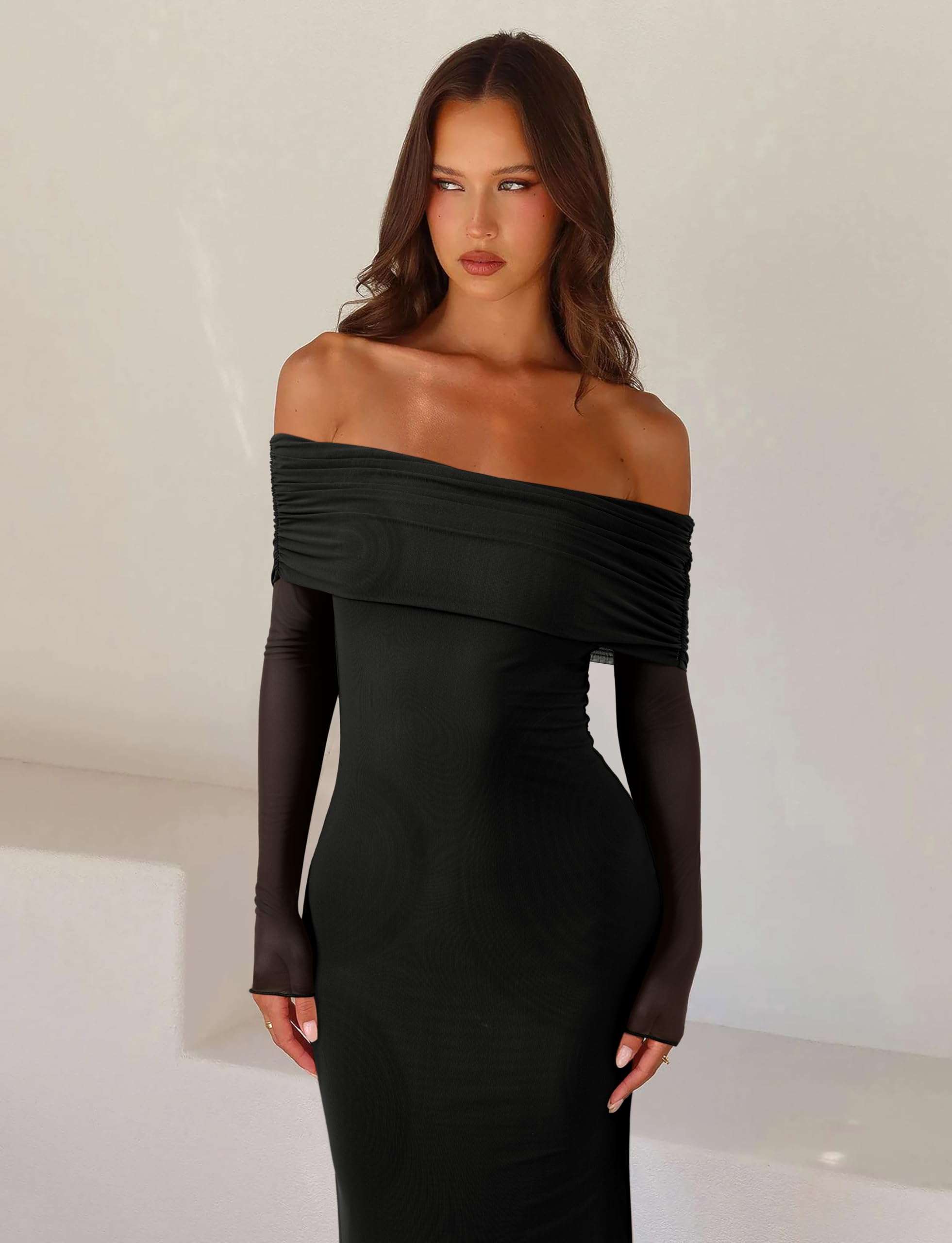 REORIA Women Off Shoulder Long Sleeve Dress Elegant Sexy Stretch Mesh Double Lined Slim Trendy Long Dresses - Image 3
