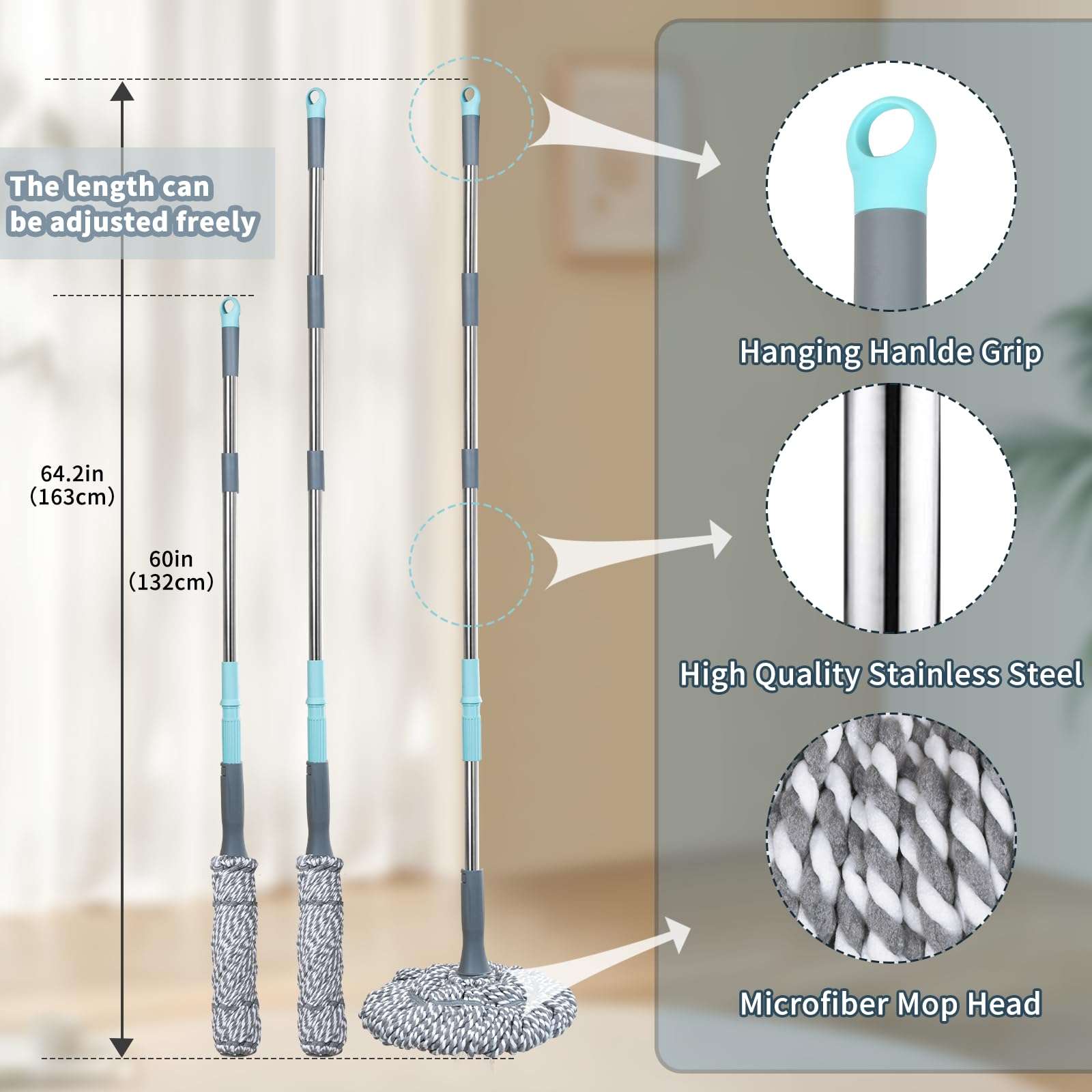 Self-Wringing Twist Mop for Floor Cleaning, Long Handled Microfiber Floor Mop with Top Scouring Pad for Kitchen, Hardwood, Restaurant, Bathroom, Garages, Warehouses, Office, 64-inch , Grey - Image 4
