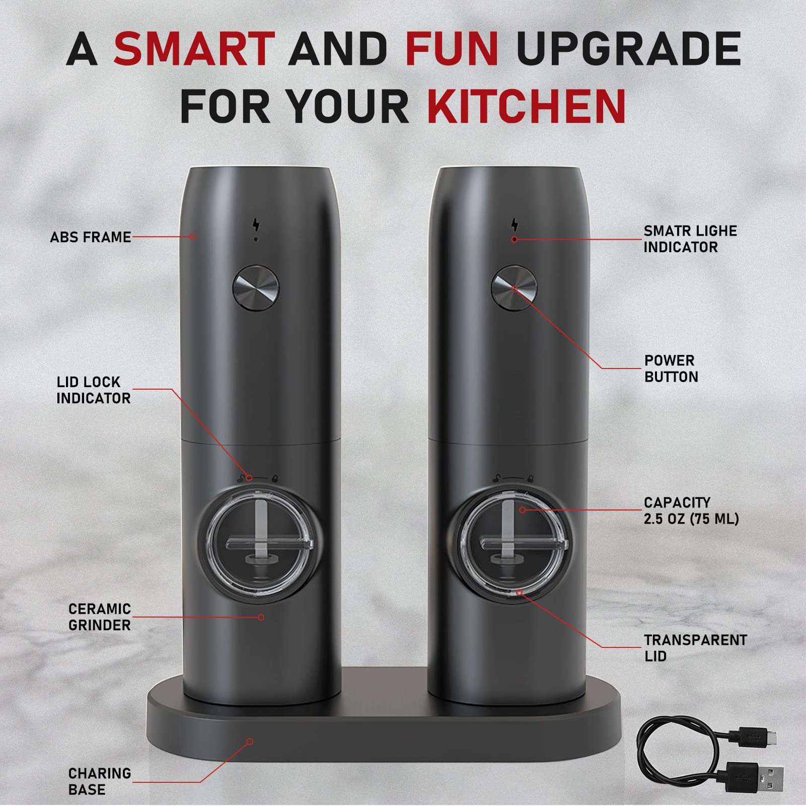 Electric Salt and Pepper Grinder Set of 2, Automatic Pepper Mill,USB Rechargeable, Adjustable Coarseness, One-handed Operation, Ceramic Burr, Refillable, Auto Grinders with Charging Base LED Light - Image 7