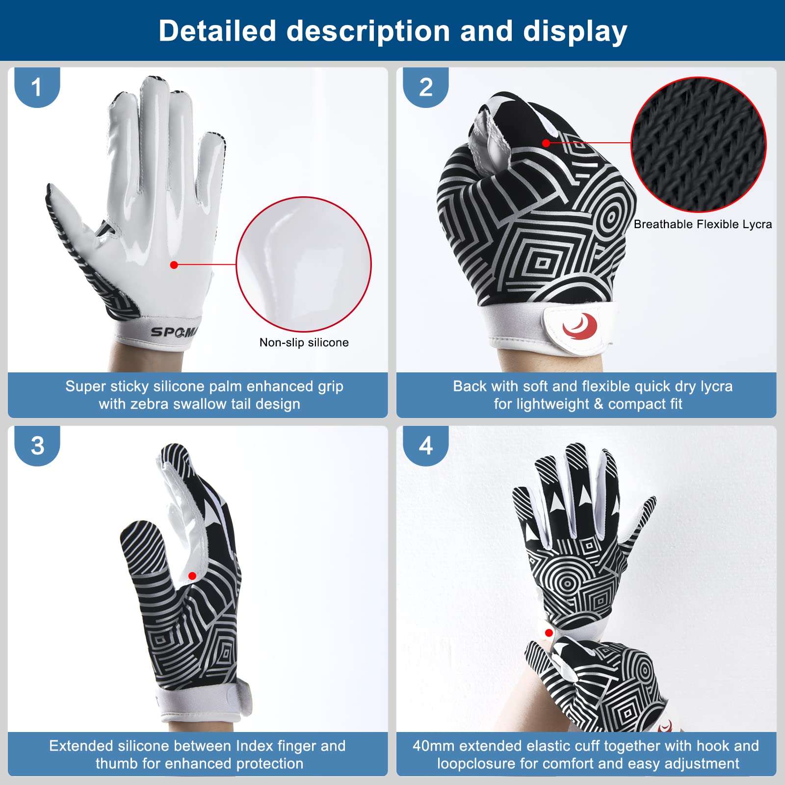 SPOMAT Youth Football Gloves Kids Silicone Grip Receiver Gloves with Super Stick Ability for Best Game Experience - Image 3