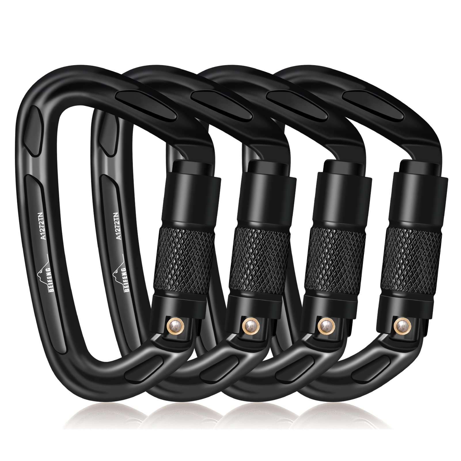 BEIFENG 25KN Auto Locking Carabiner - UIAA Certified Heavy Duty Climbing Carabiners for Rock Climbing, Camping, Rappelling, Hunting, Rescue Equipment - Professional Carabiner Clips (Black) - Image 1