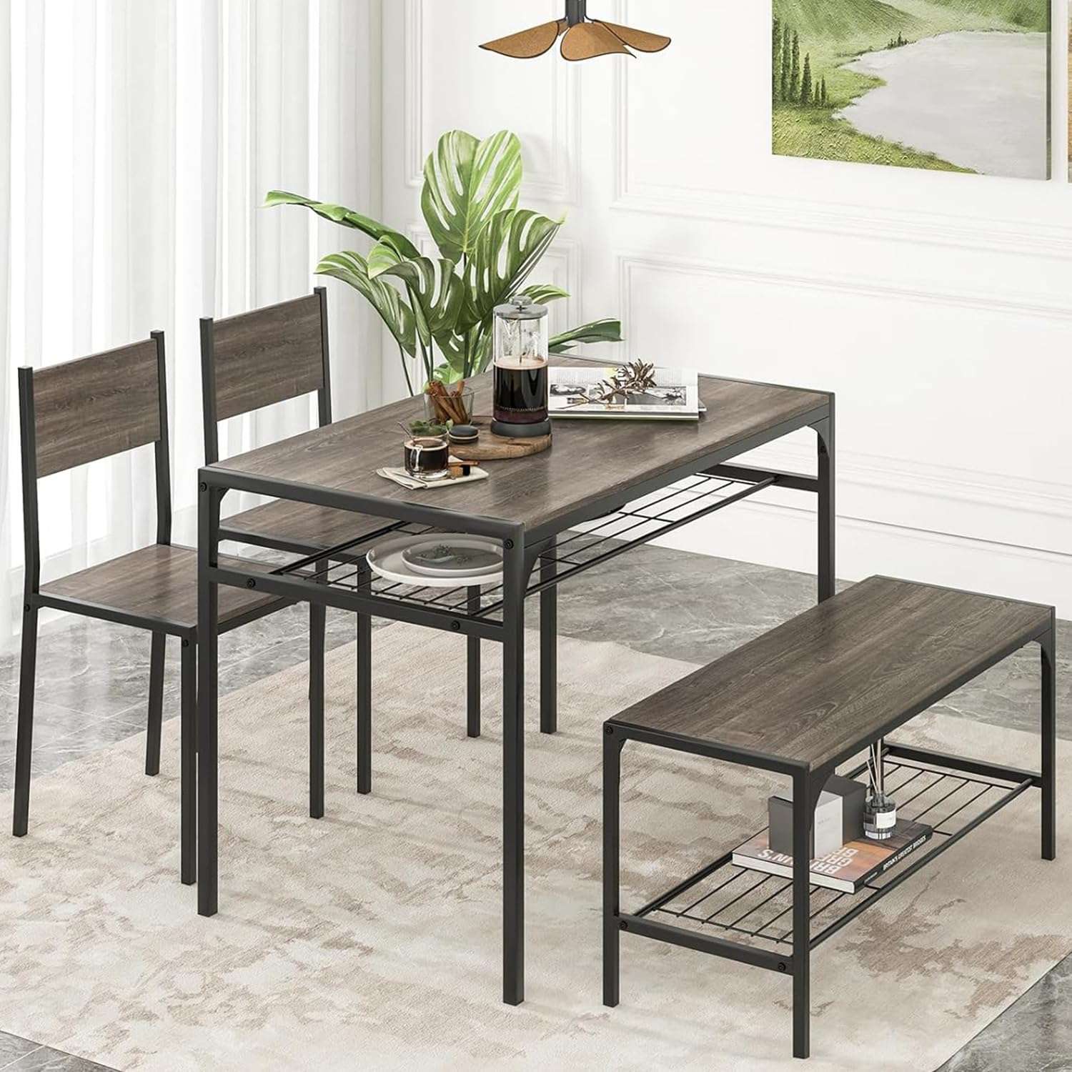 Tangkula Dining Table Set for 4, Kitchen Table and 2 Chairs for 4 with Bench, Additonal Storage Rack, 4 Piece Dining Table Set for Small Space, Apartment - Image 2