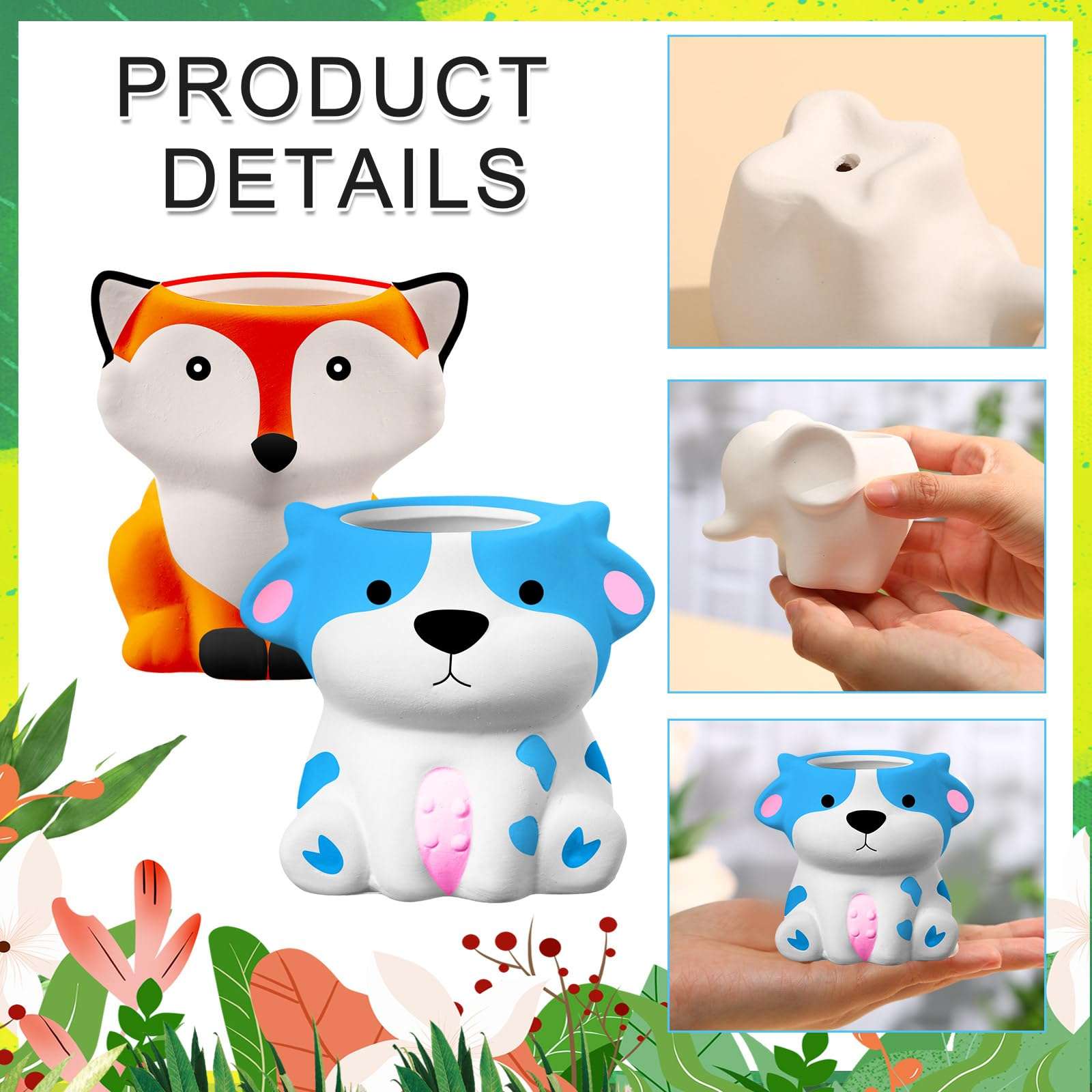 Hushee 12 Sets DIY Ceramic Succulent Pots Ready to Paint Animal Planters Unpainted Plant Flower Pots Bulk with Drainage Hole and Bisque Paint for Kids Adults Craft Christmas - Image 3