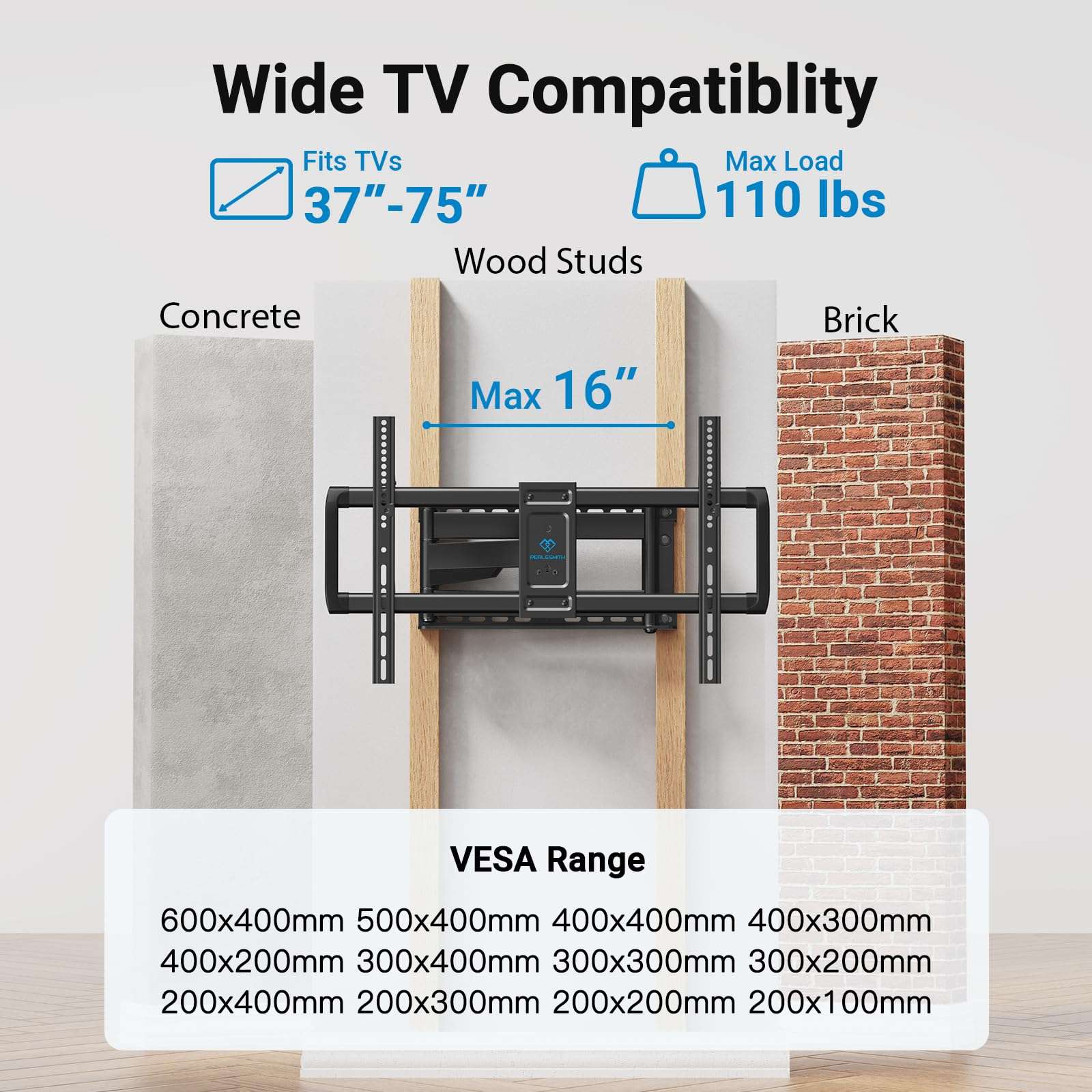 PERLESMITH Long Arm TV Wall Mount Full Motion for 37-75 inch TVs, Corner TV Mount Bracket with 27.36-inch Articulating Long Extension Arm, Swivel&Tilt, Max VESA 600x400mm up to 110lbs, 16" Wood Stud - Image 2
