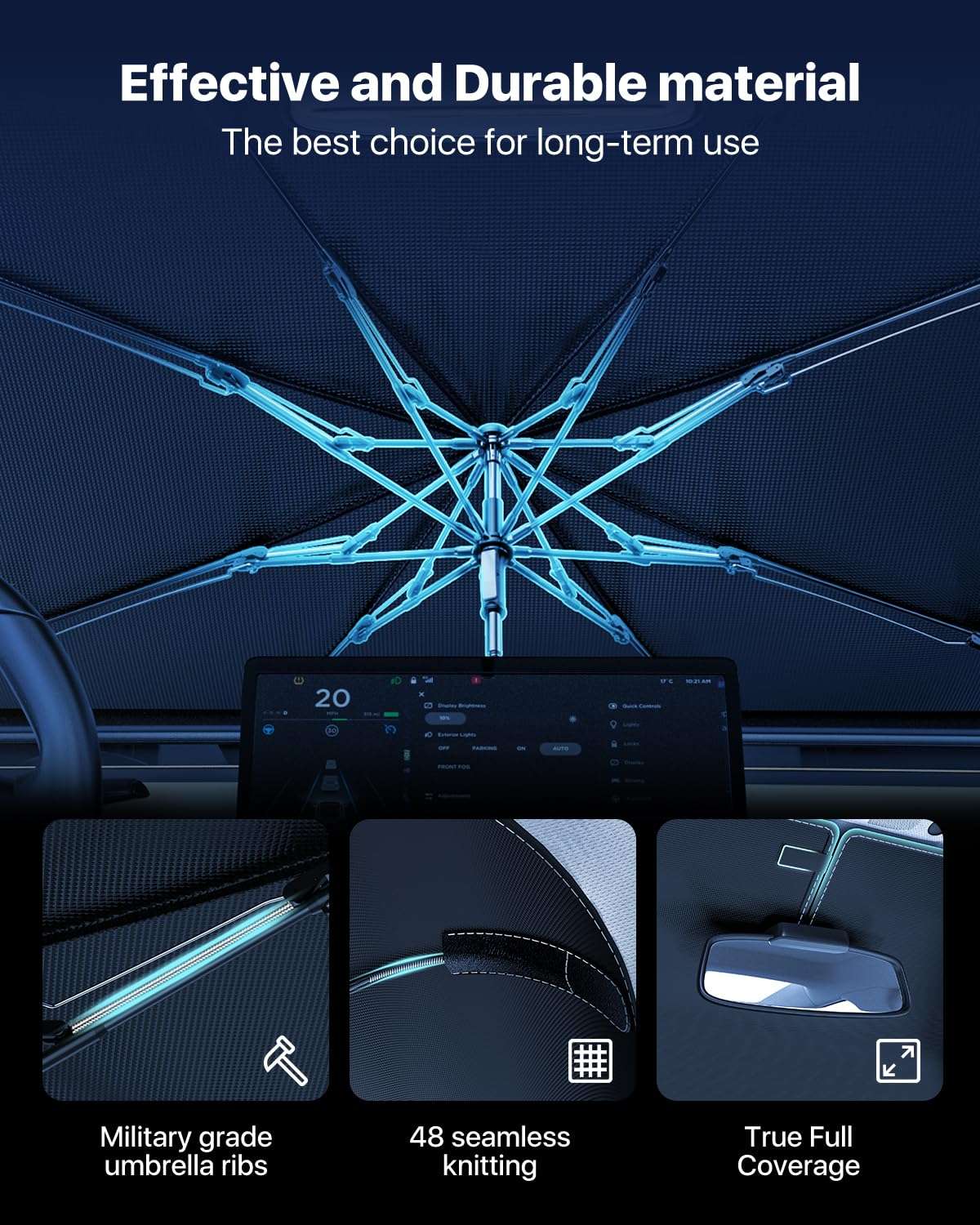 [2025 Upgrade] Nmoiss Windshield Sun Shade Umbrella - [Vinyl Coating Heat Shield] Protect Car from Sun Rays & Heat Damage Keep Cool and Protect Interior, Spring Structure Edge Medium 56" L x 31" W - Image 7