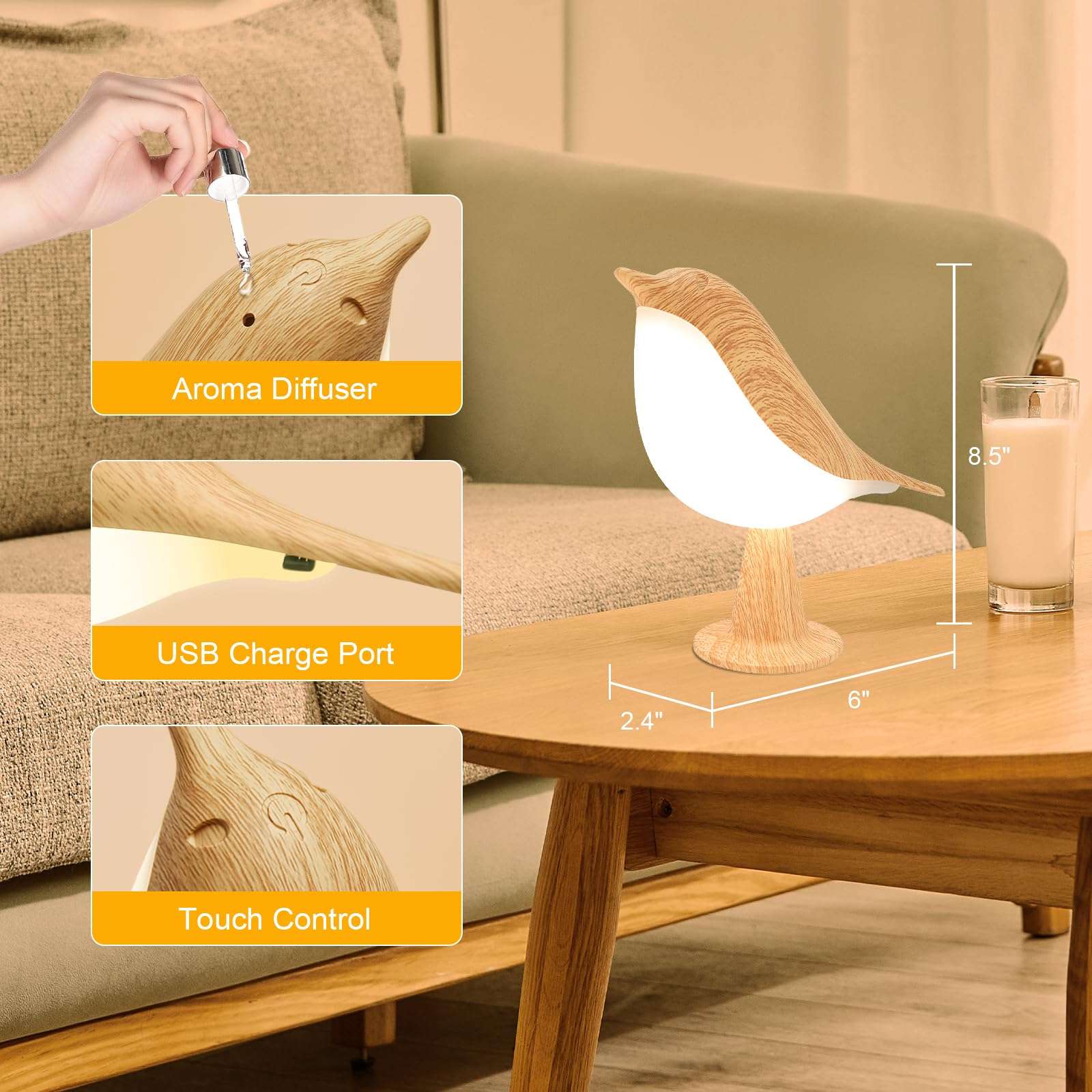 Deogos Small Desk Lamp, Cute Bird Light Cordless Lamp with 3 Color Temperature and Touch Sensor,Kids Night Light with Rechargeable Battery for Bedroom Nightstand Bedside Table Room Decor - Image 7