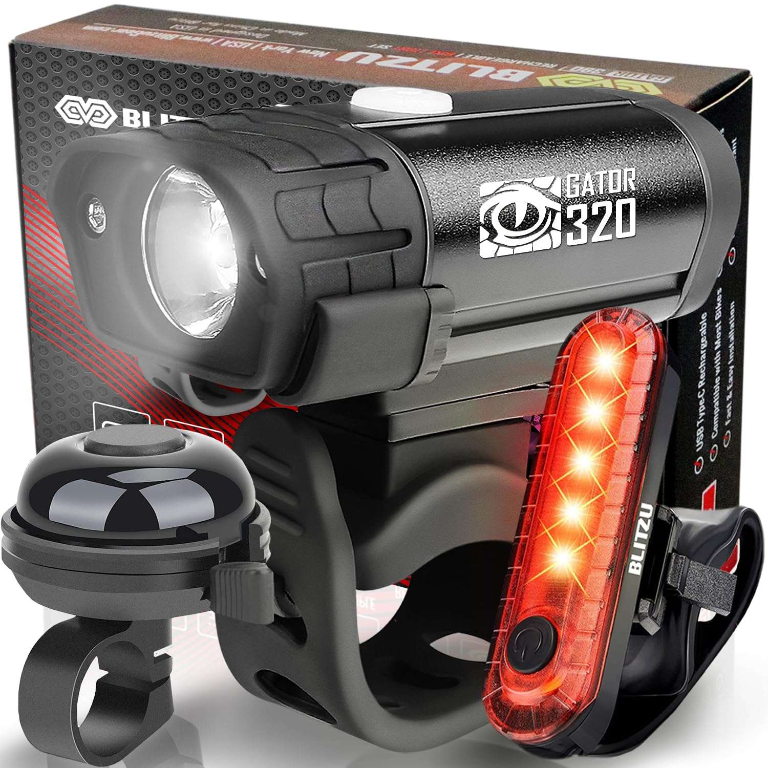 BLITZU Bike Lights, Super Bright Bicycle USB-C Rechargeable Headlight, Taillight & Bell Set, Waterproof Safety Front & Rear Back light for Night Riding, Easy to Install for Men Women Kids Road Cycling - Image 1