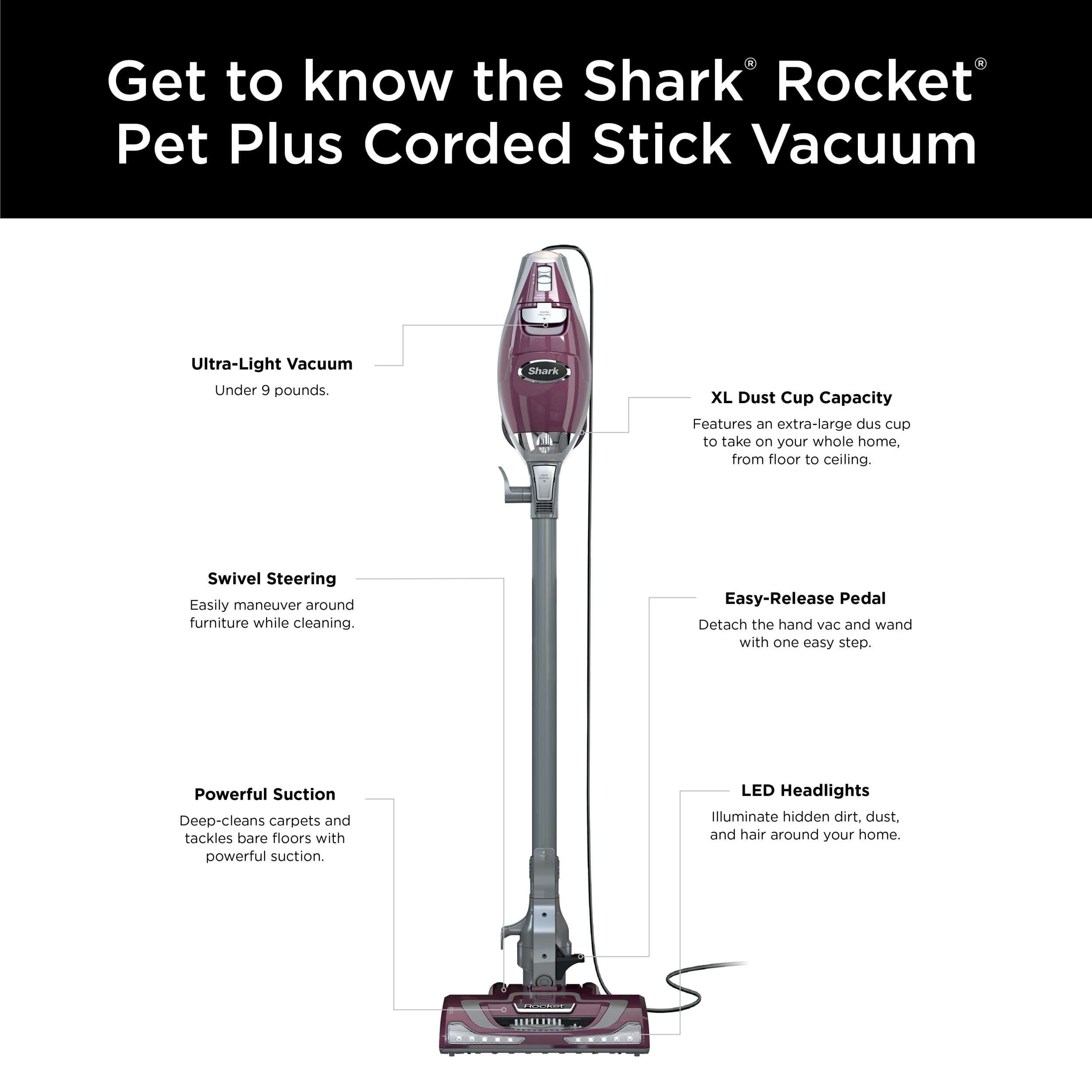 Shark HV322 Rocket Deluxe Pro Corded Stick Vacuum with LED Headlights, XL Dust Cup, Lightweight, Perfect for Pet Hair Pickup, Converts to a Hand Vacuum, with Pet Attachments, Bordeaux/Silver - Image 9