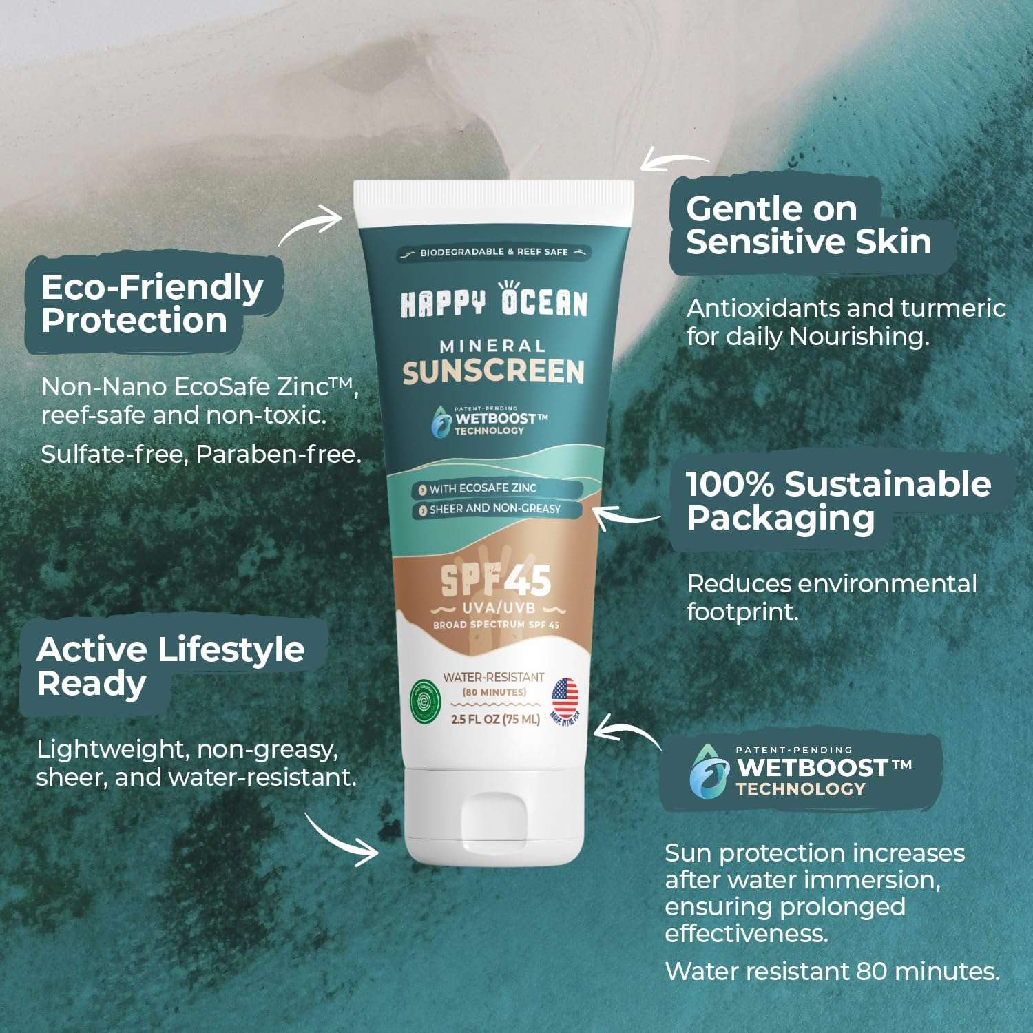 Happy Ocean SPF 45 Biodegradable Reef Safe Sunscreen for Face & Body | Non-Nano Zinc Oxide | Fragrance Free | Non Toxic | Organic | Mineral Based | Travel Size | 2.5 Fl Oz - Image 2