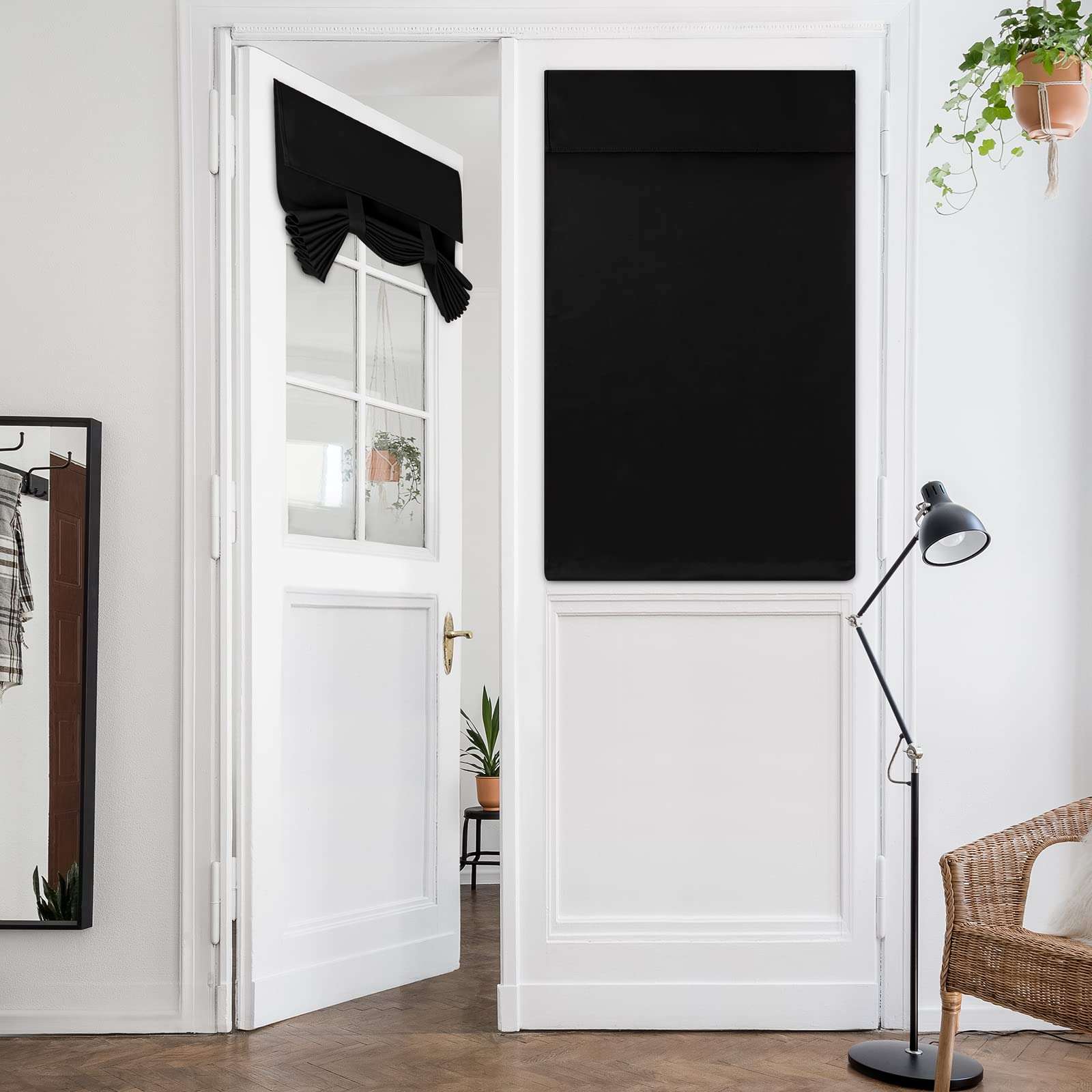HOMEIDEAS Blackout French Privacy Door Curtains for Door Window,Curtains for Glass, Thermal Insulated Tie Up Shade Window Covering for Bedroom, Black, W26 X L40 Inch, 1 Panel - Image 1