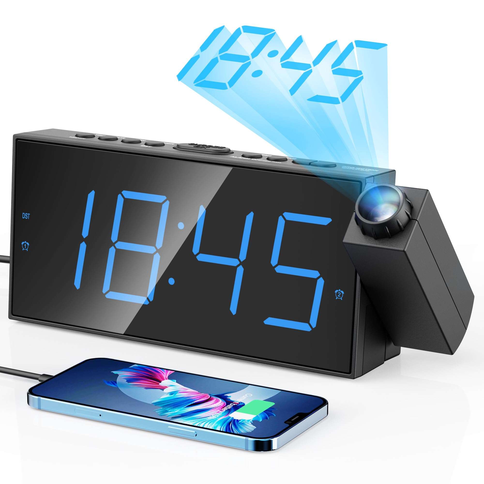 Digital Projection Alarm Clocks for Bedrooms - Large LED Display, 180° Rotatable Projector, 5-Level Dimmer,USB Charger,Battery Backup,Loud Dual Alarms for Kids Elderly,Heavy Sleepers,Snooze,12/24H,DST - Image 1