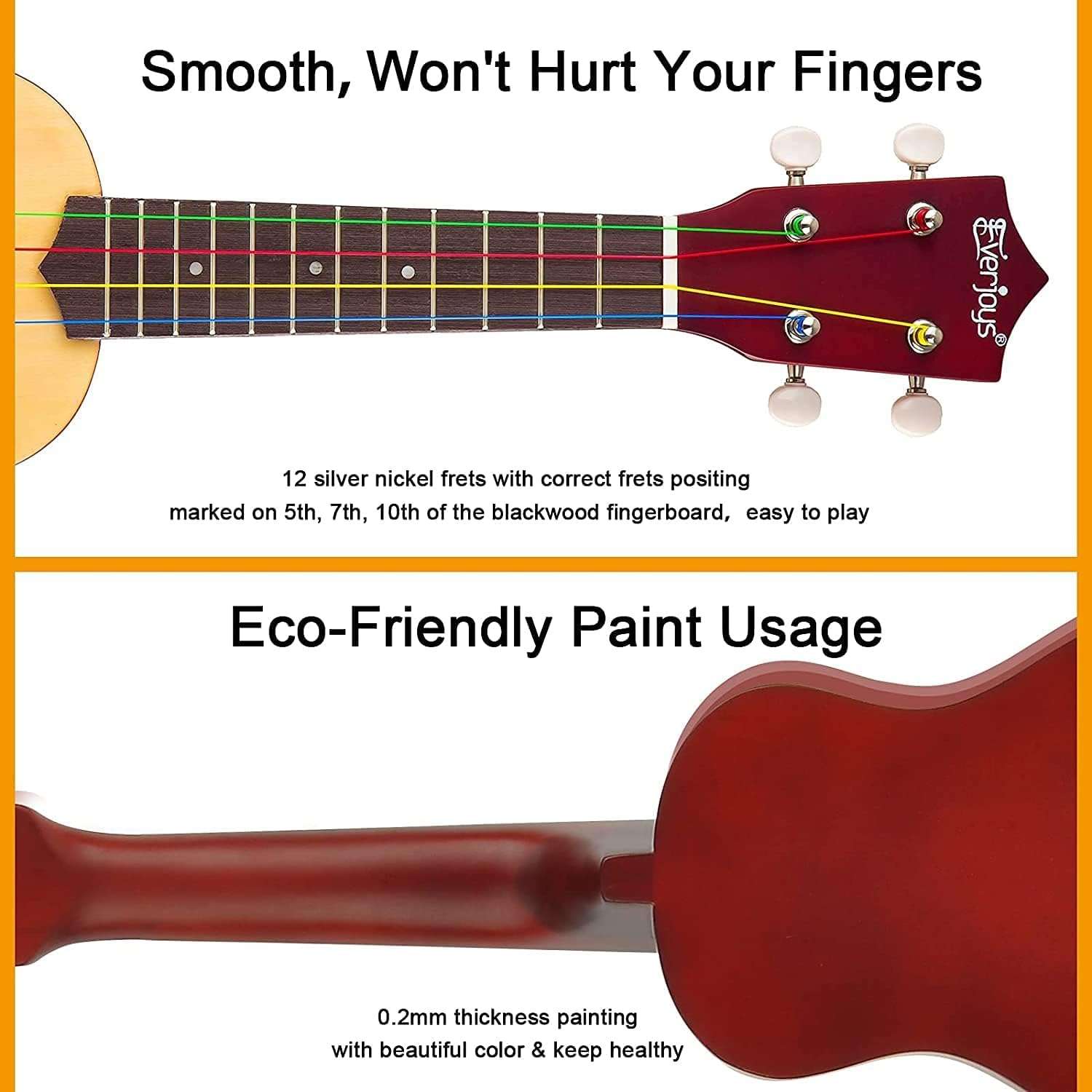 Everjoys Soprano Ukulele Beginner Pack-21 Inch w/Rainbow String Free Online Lesson Gig Bag Digital Tuner Pick All in One Kit - Image 4