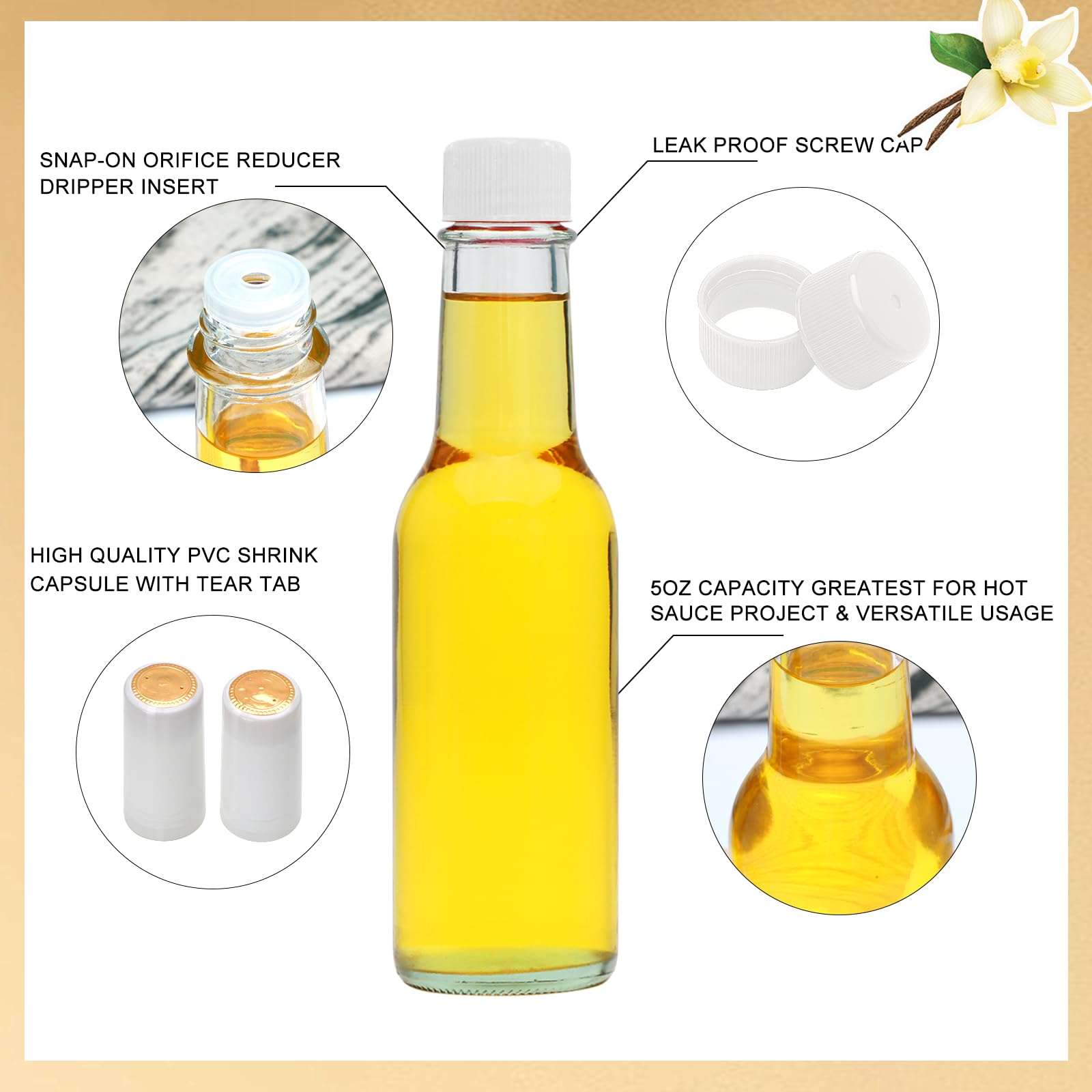 Hot Sauce Bottles 5 oz, Clear Woozy With Shrink Capsules, Small Wine Making With Lids for Bottling, Empty 5oz Glass Vanilla Extract With White Caps Set of 4 - Image 3