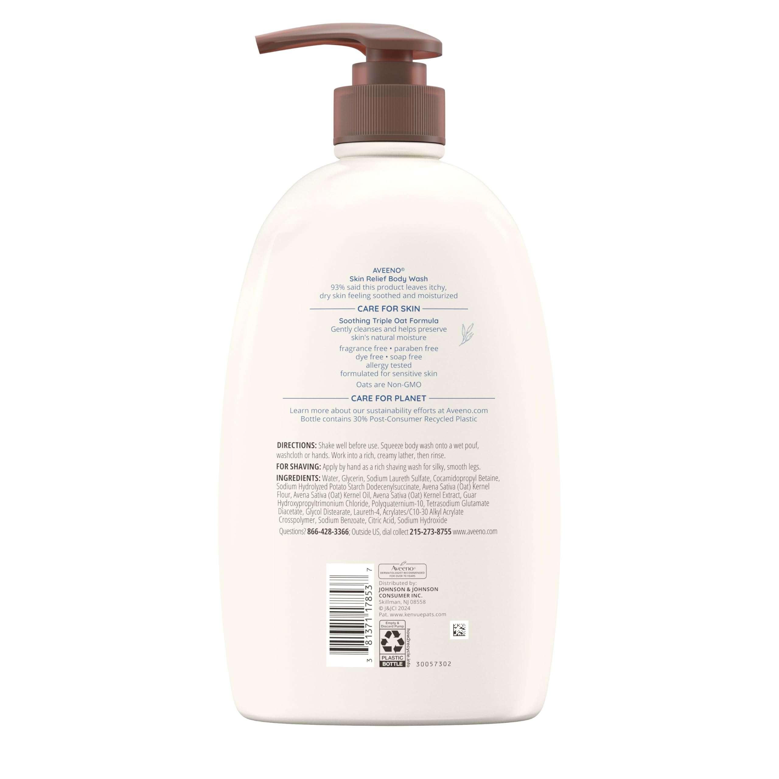 Aveeno Skin Relief Fragrance Free Body Wash, Triple Oat Formula, Gentle Daily Cleanser for Itchy Dry Sensitive Skin, Soap & Paraben Free, Soothes & Moisturizes, 33 fl oz - Image 9