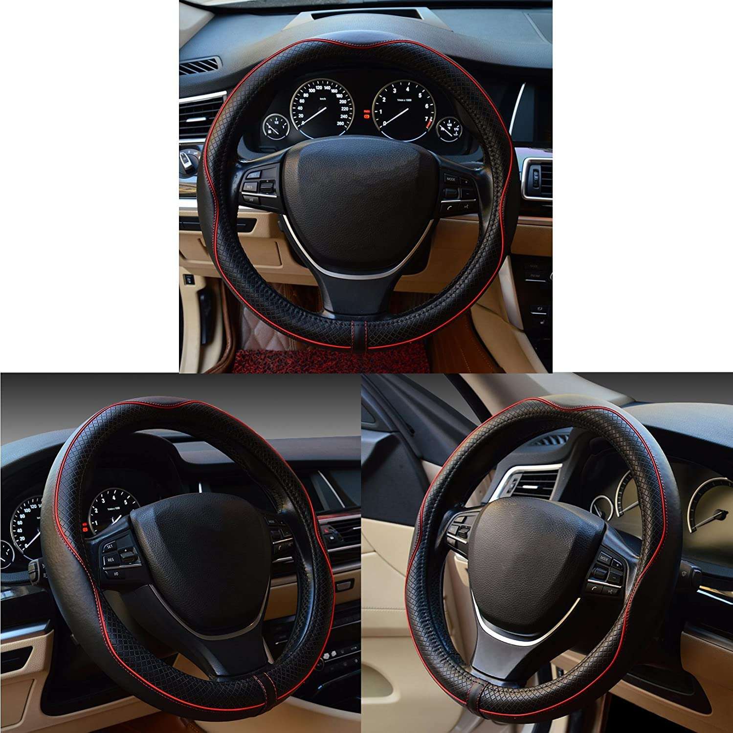 Car Steering Wheel Cover, Anti-Slip, Safety, Soft, Breathable, Heavy Duty, Thick, Full Surround, Sports Style (Black with Red line) - Image 2