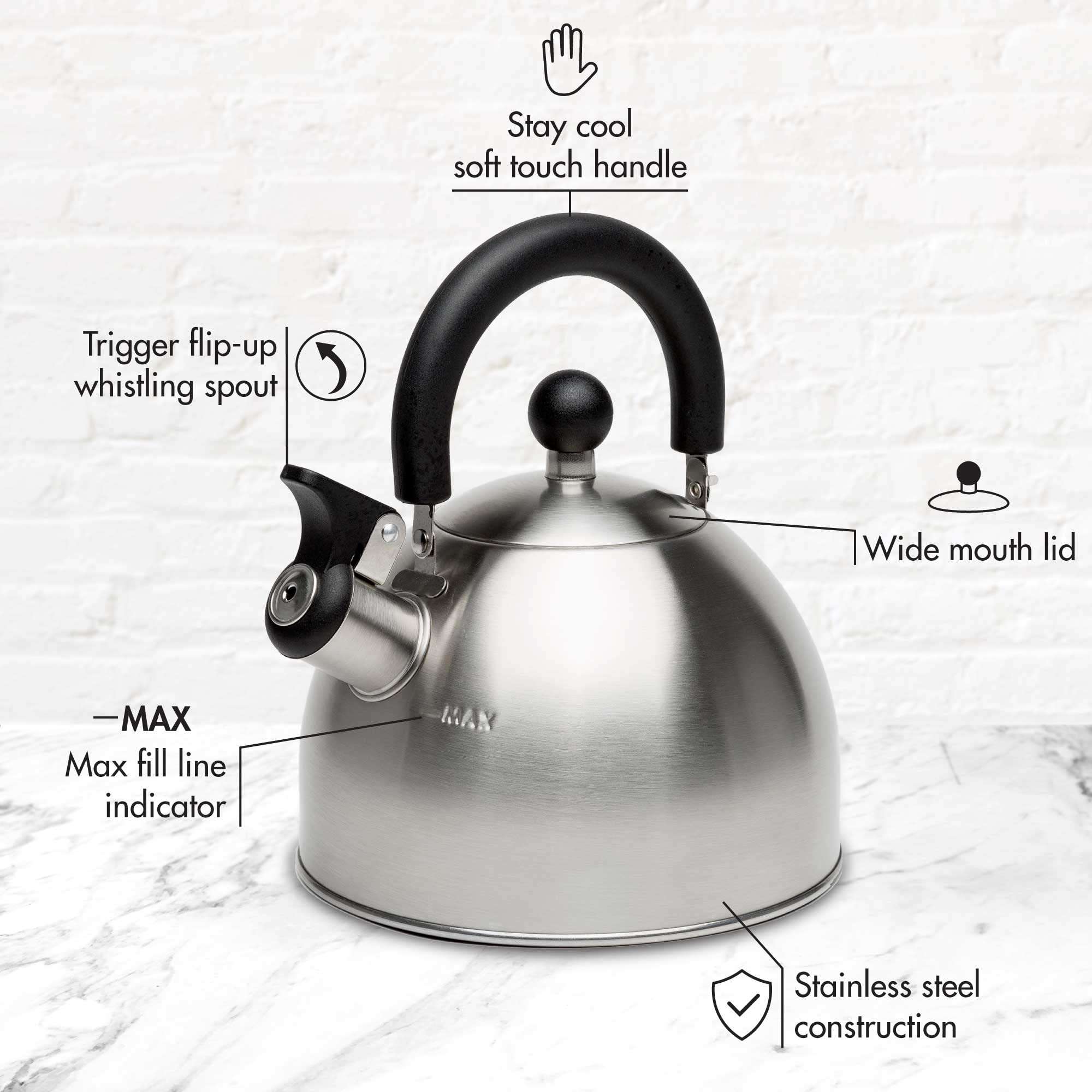 Primula Stewart Whistling Stovetop Tea Kettle Food Grade Stainless Steel, Hot Water Fast to Boil, Cool Touch Folding, 1.5-Quart, Brushed with Black Handle - Image 5