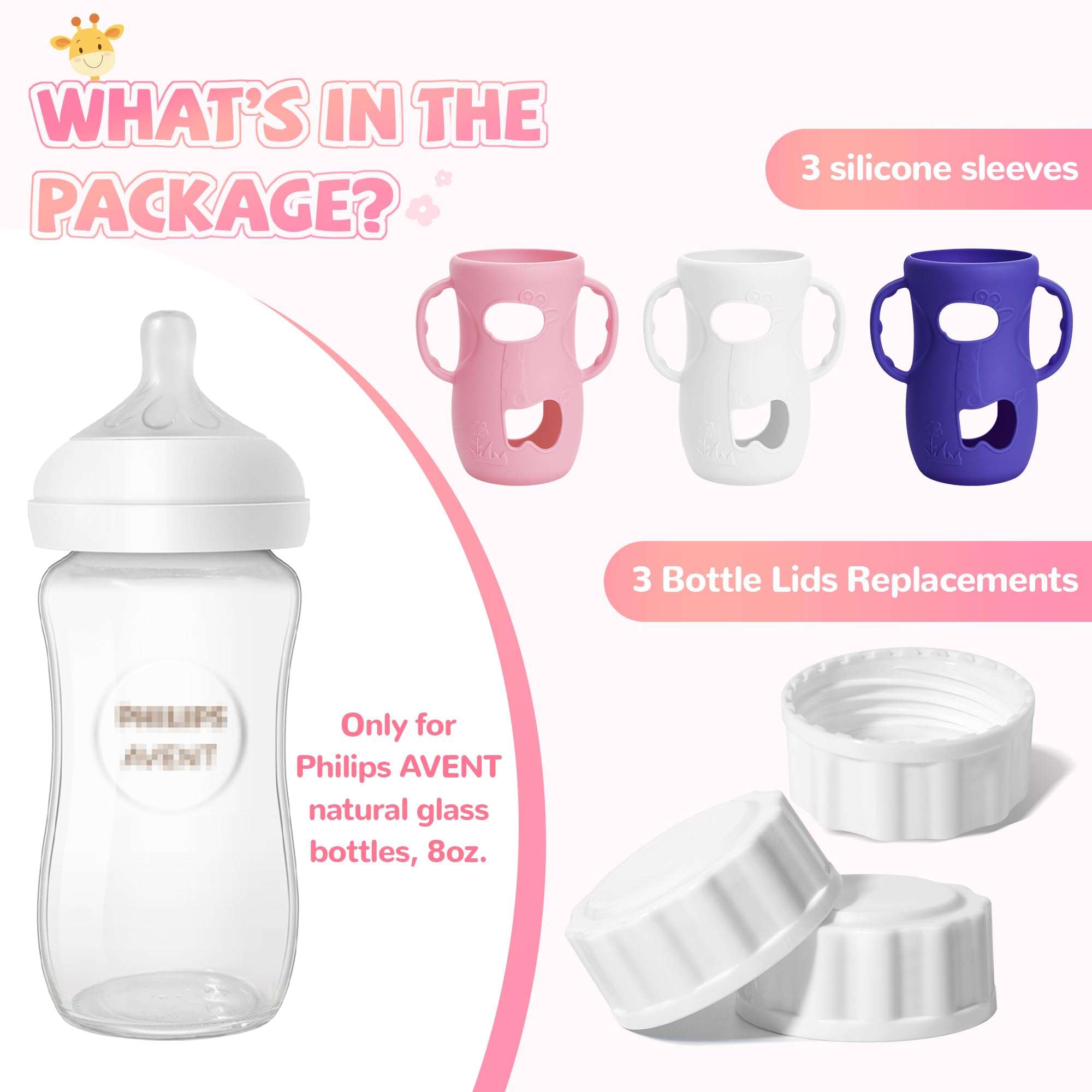 3 Pack Silicone Sleeves for Philips Avent Natural Glass Baby Bottle, Food Grade Silicone Cover and 3pcs Travel Caps, Lids Replacement (White+Pink+Purple, 8oz) - Image 3