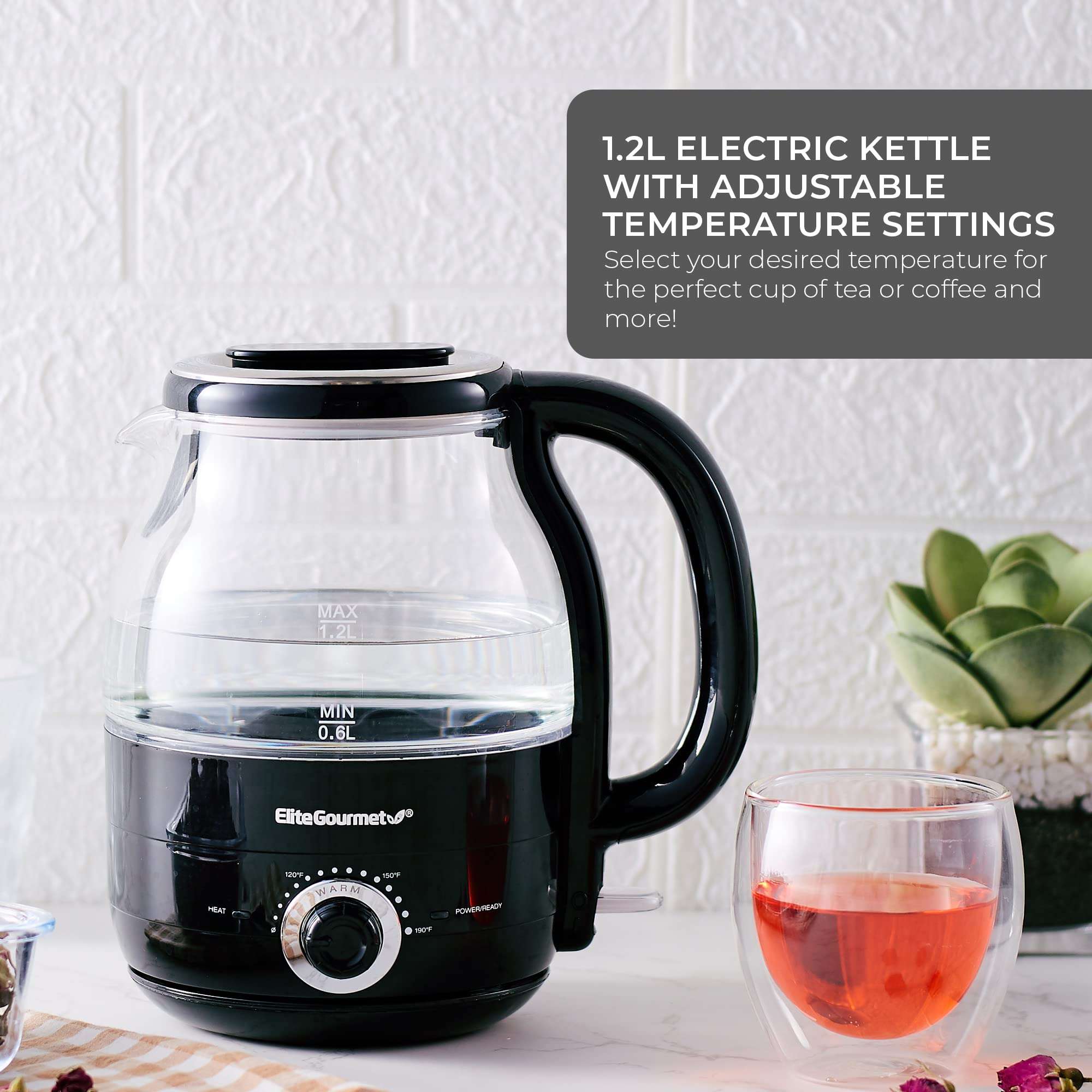 Elite Gourmet EKT1220B 1.2L Electric BPA-Free 1200W Glass Kettle, Temperature Dial Keep Warm Function, Cordless 360° Base, Blue LED Interior, Auto Shut-Off Function – Quick Boil, Black - Image 8