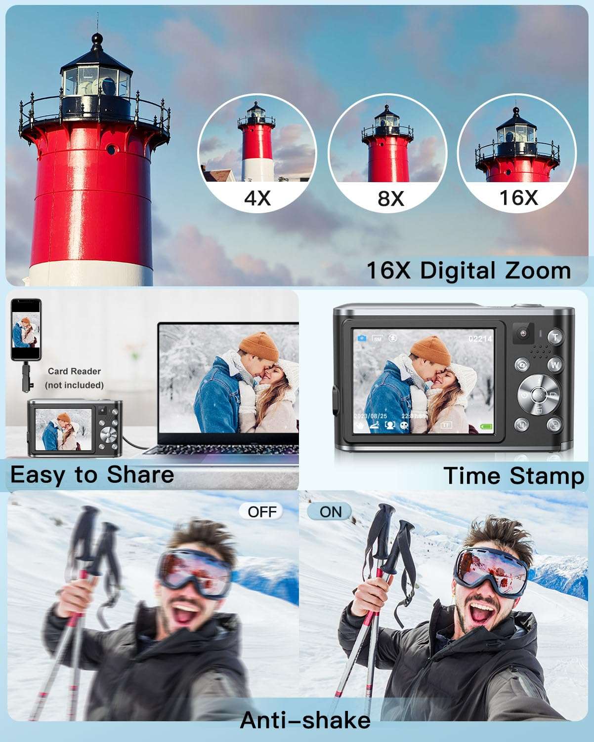 4K Digital Camera, 48MP Autofocus Camera Selfie with Front and Rear Dual Lenses, 32GB Card, 2 Batteries, 16X Digital Zoom, Compact Travel Vlogging Video Camera Gift for Kid Teen Beginner(Black) - Image 7
