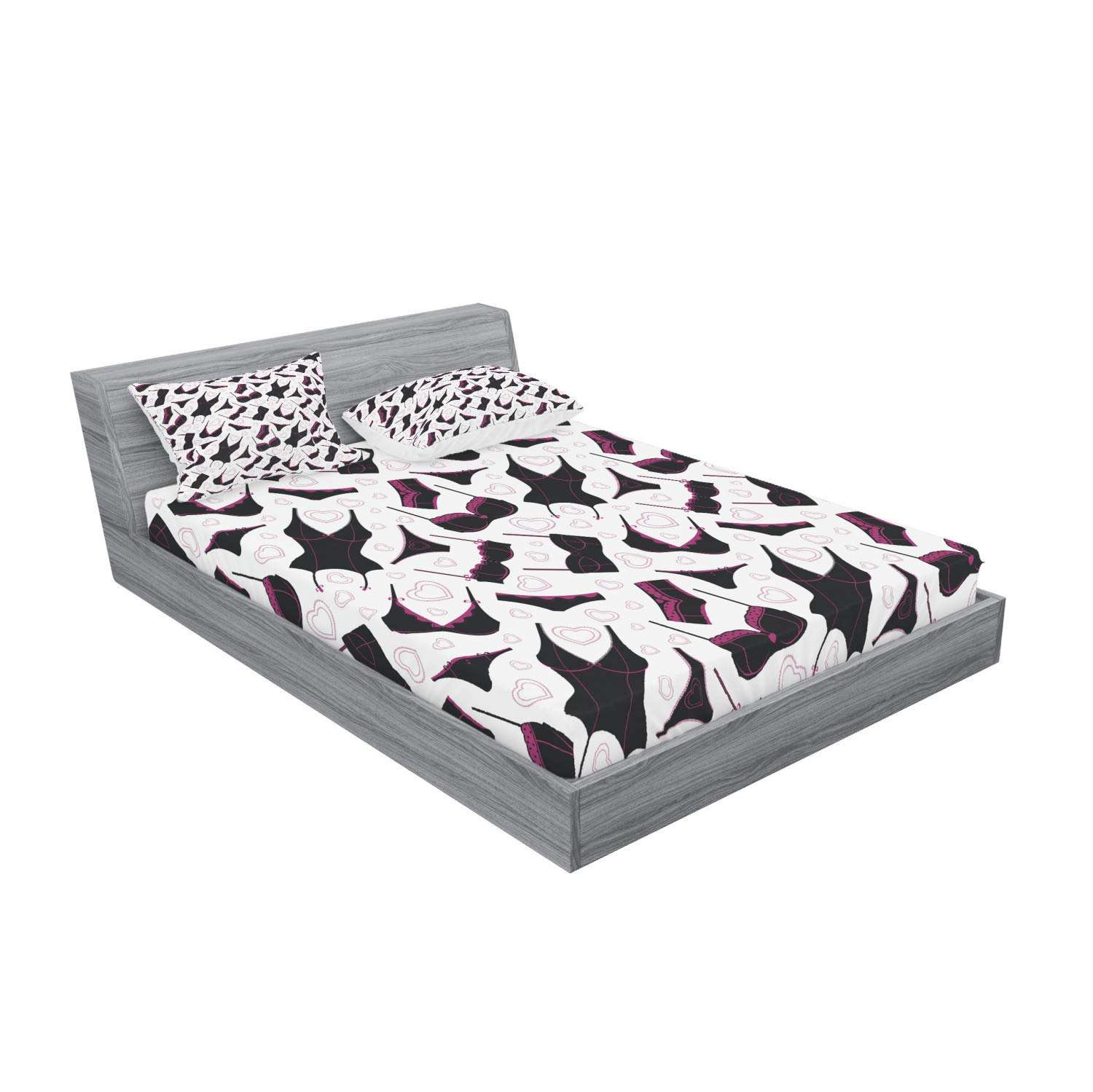 Ambesonne Retro Fitted Sheet & Pillow Sham Set, Lingerie Pattern Brassiere and Panties with Hearts Women`s Fashion Underwear, Decorative Printed 3 Piece Bedding Decor Set, Full, Black Fuchsia White - Image 2