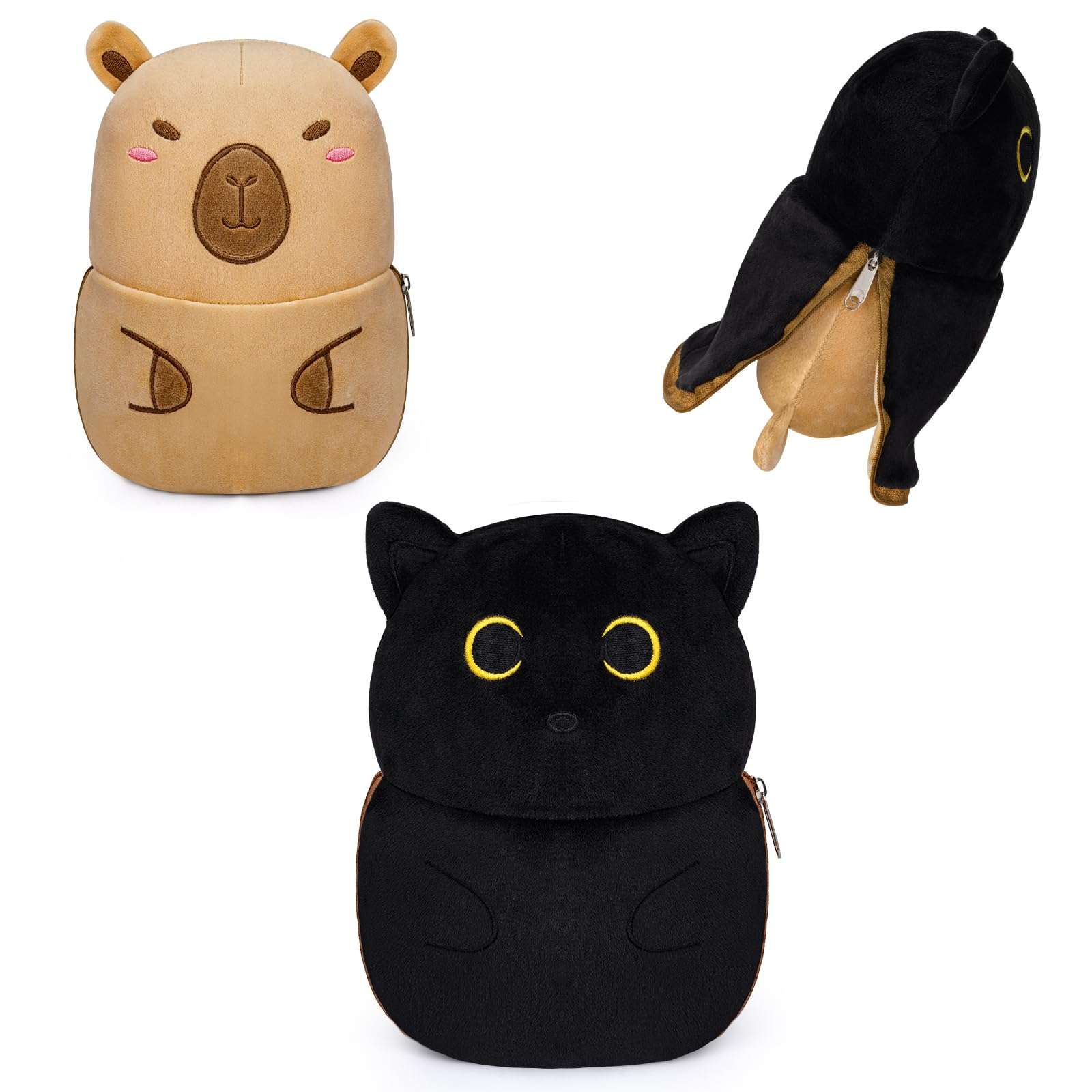 Leokawin Black Cat Capybara Plush Pillows,Black Cat Stuffed Animal Reversible Cuddle Capybara Plush with Zipper,8in Capybara Stuffed Cat Plushies Toys Gifts for Kids Boys Girls - Image 1