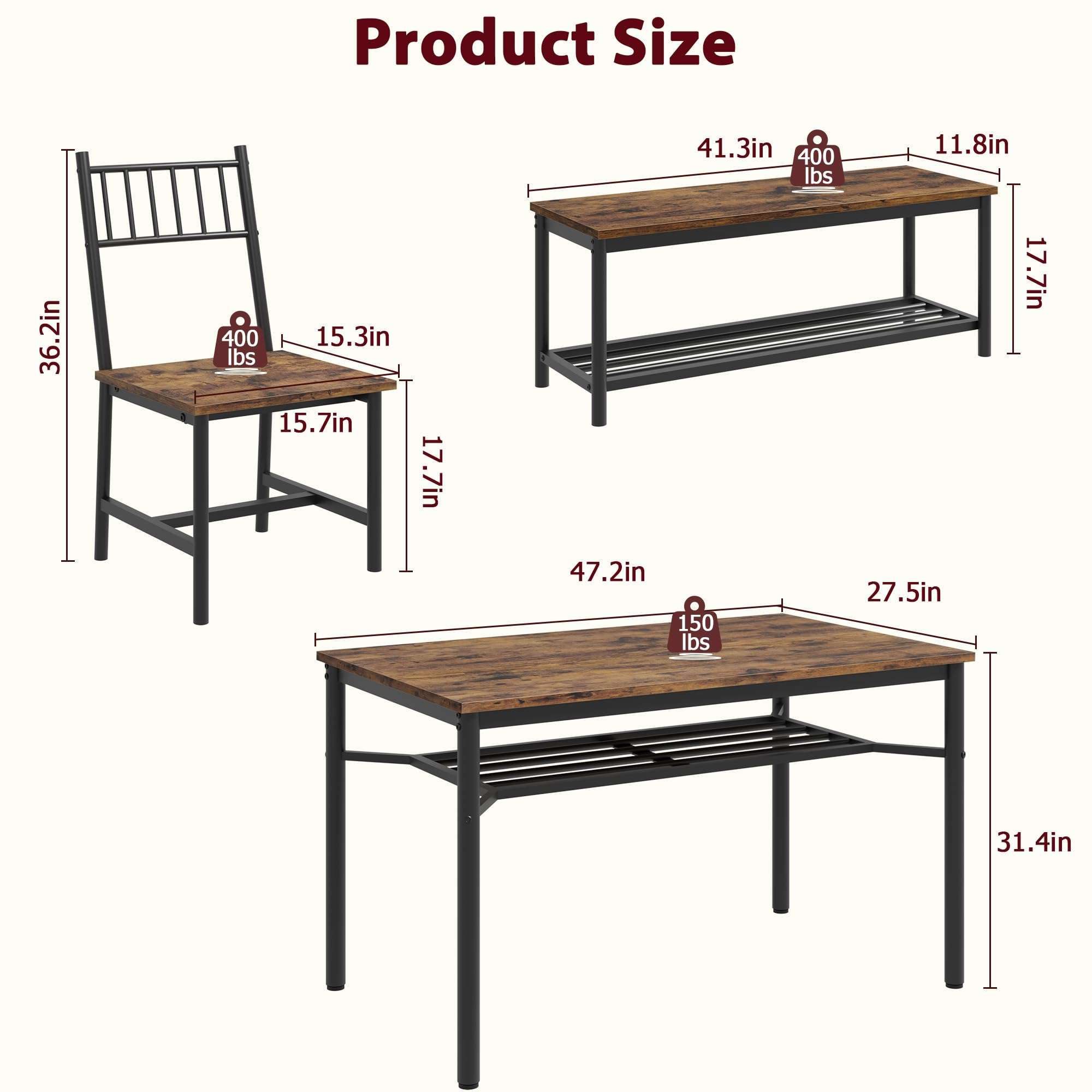 Fancihabor Dining Table Set for 4, Kitchen Table and Chairs for 4 with Wine Rack, Rectangular Dining Room Table Set with Bench, 4 Piece Dining Table Set for Small Space, Apartment, Retro Brown - Image 2