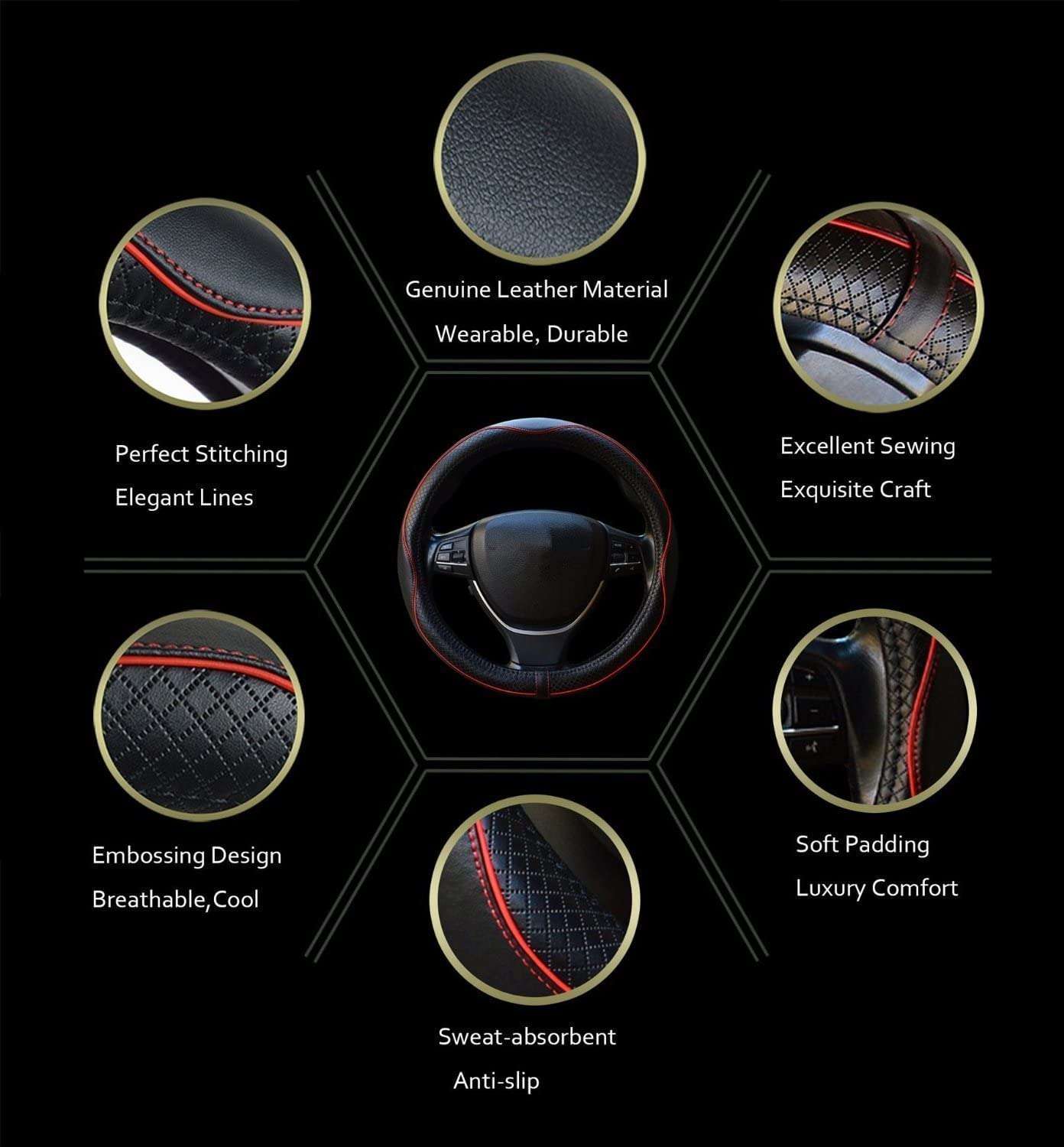 Car Steering Wheel Cover, Anti-Slip, Safety, Soft, Breathable, Heavy Duty, Thick, Full Surround, Sports Style (Black with Red line) - Image 5