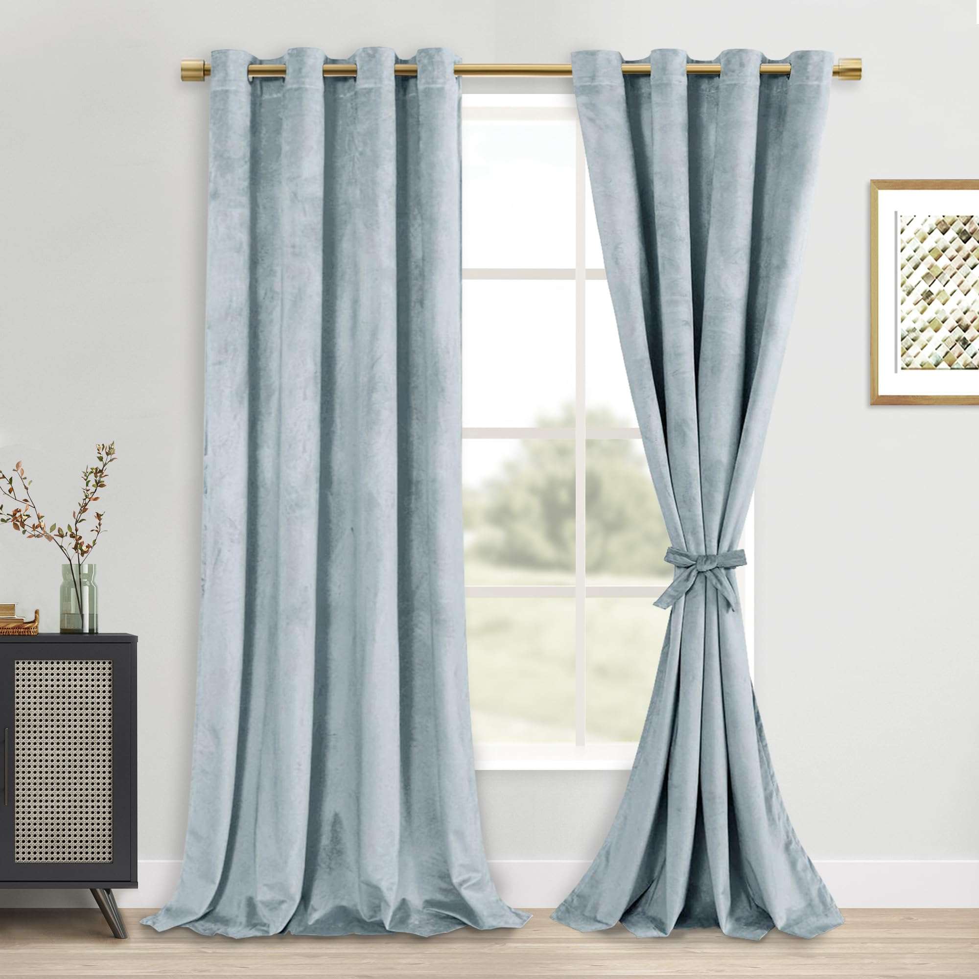DWCN Velvet Curtains - 96 Inches Long Super Soft Luxury Tieable Window Treatments Room Darkening Privacy Protect Blackout Drapes for Bedroom Living Room Home Decor, Stone Blue, W52 x L96, 2 Panels - Image 1