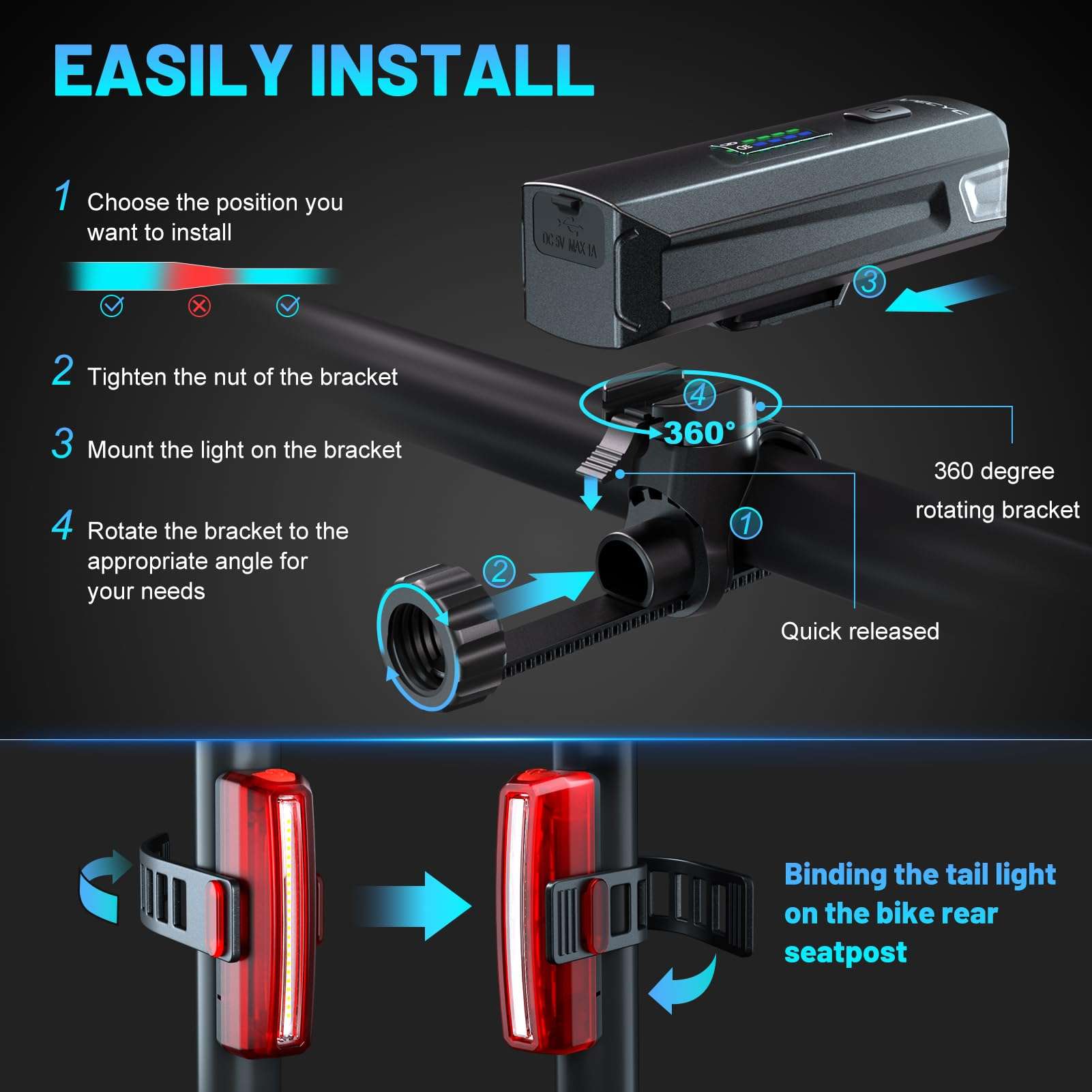 APECYC Bike Lights for Night Riding, Bicycle Front Headlight and Back Taillight with 4+5 Light Modes, USB Rechargeable Bright Bike Headlights for Cyclists and Commuters - Image 5