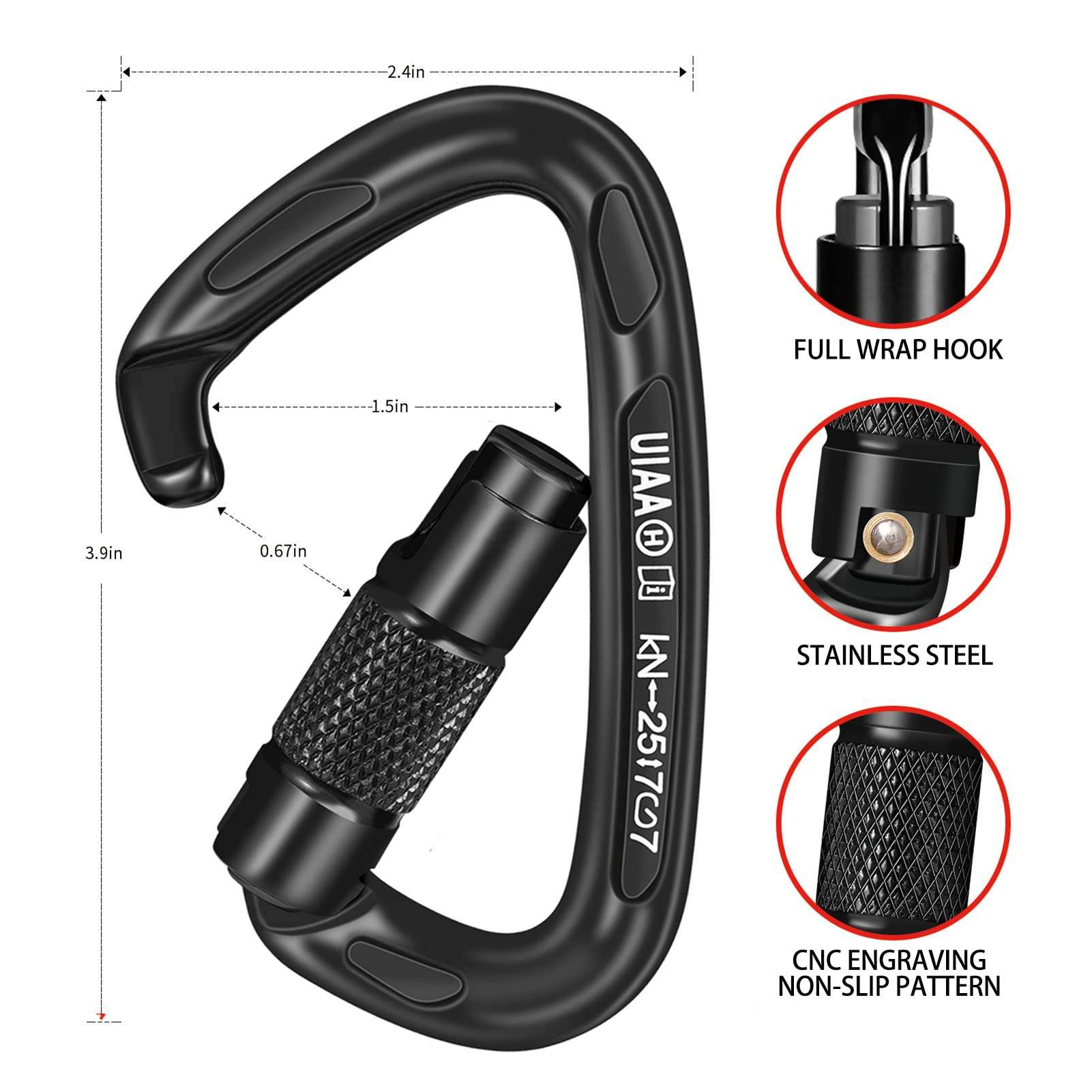 BEIFENG 25KN Auto Locking Carabiner - UIAA Certified Heavy Duty Climbing Carabiners for Rock Climbing, Camping, Rappelling, Hunting, Rescue Equipment - Professional Carabiner Clips (Black) - Image 2