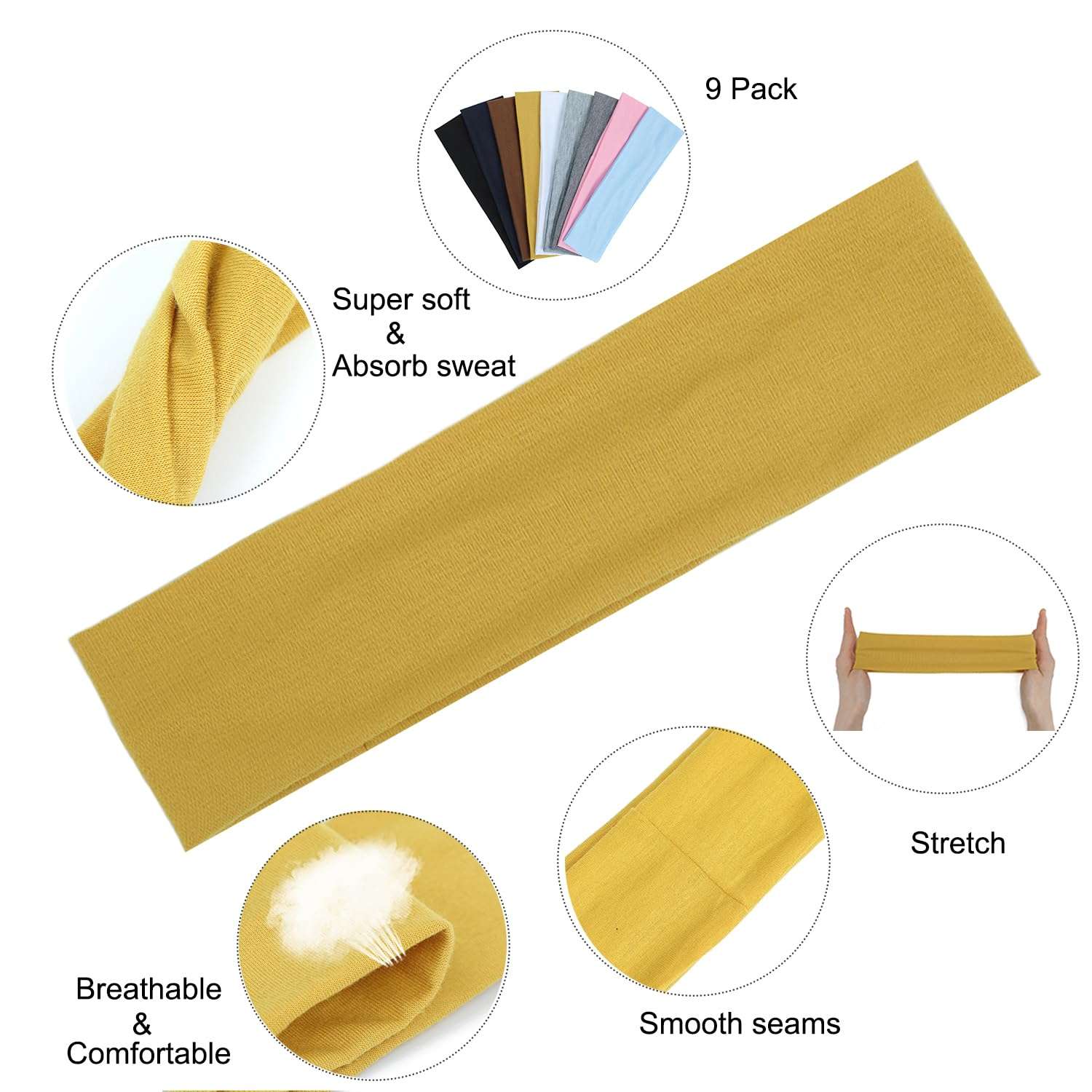 9Pcs Headbands for women Non Slip Headband, Soft Elastic Hair Bands for Women's Hair, Fashion Cotton Cloth Stretchy Sweat Bands Headbands for Sports, Makeup, Gym, Running, Yoga, Workout (9Colors-A) - Image 3