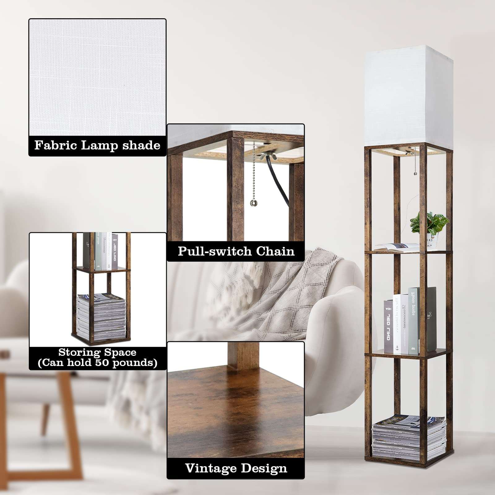 RUNTOP Floor Lamp with Shelves, Modern Shelf Lamp for Display Storage, 3 Color Temperature Wood Narrow Standing Corner Lamp with 8W Bulb for Living Room Decor, Bedroom, Office, Home Decor(Brown) - Image 6