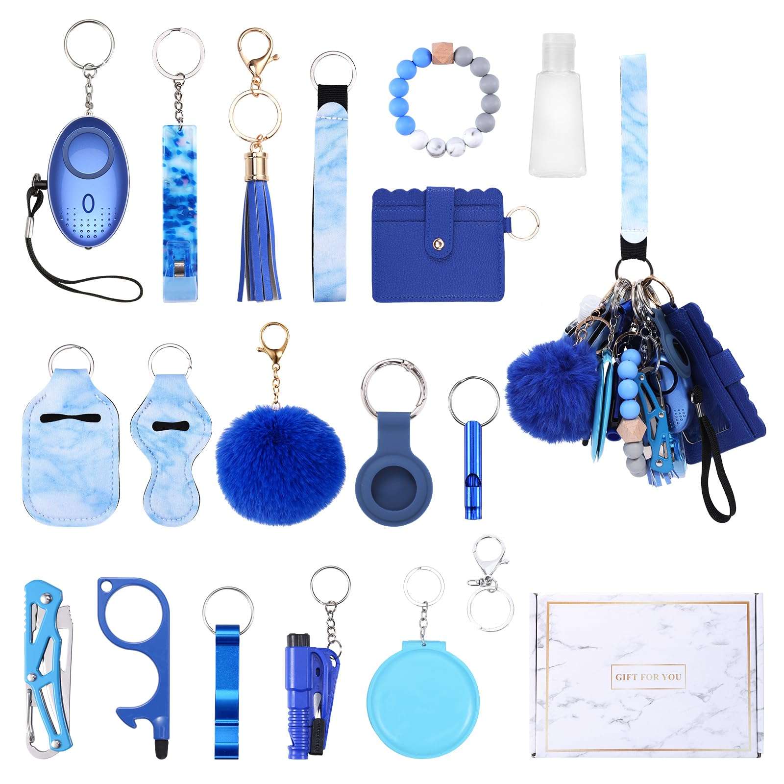 JXTZ Safety Keychain Set for Women, Wristlet Strap Keychain with Personal Alarm, Pom Pom, Wallet Card Holder, Bottle Opener, Travel Bottle Holder, Gift Set for Girls - Image 1