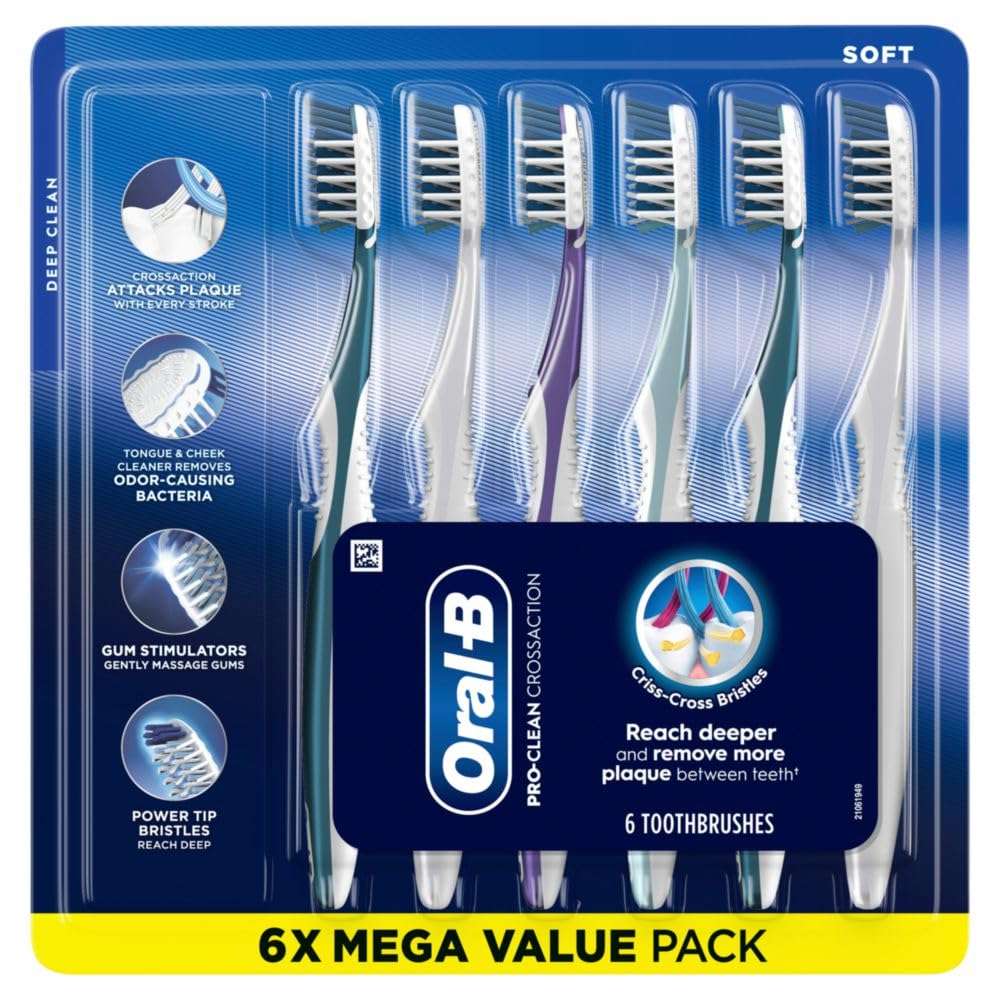 Oral-B Pro Health CrossAction All in One Soft Toothbrushes, Deep Plaque Fighter, Rounded Bristles Gentle on Teeth, Tongue and Cheek Cleaner, Gum Stimulators, 6 Count, Tooth Brush Pack - Image 1