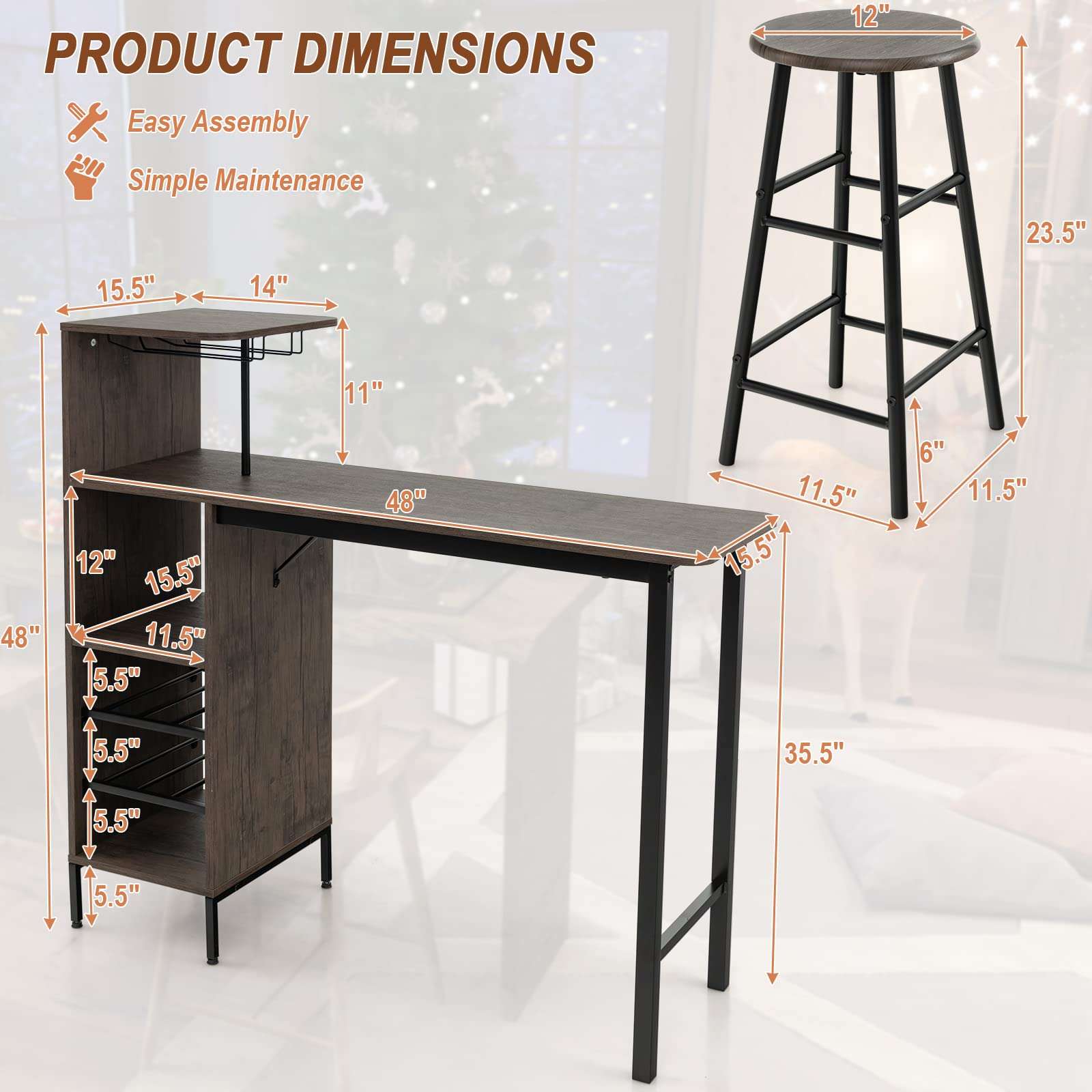 COSTWAY 3 Pieces Bar Table and Chair Set, Industrial Pub Table & Stools with Wine Glass Holders & 6-Bottle Wine Racks, Counter Height Dining Table Set for Living Room Dining Room Kitchen, Brown - Image 3