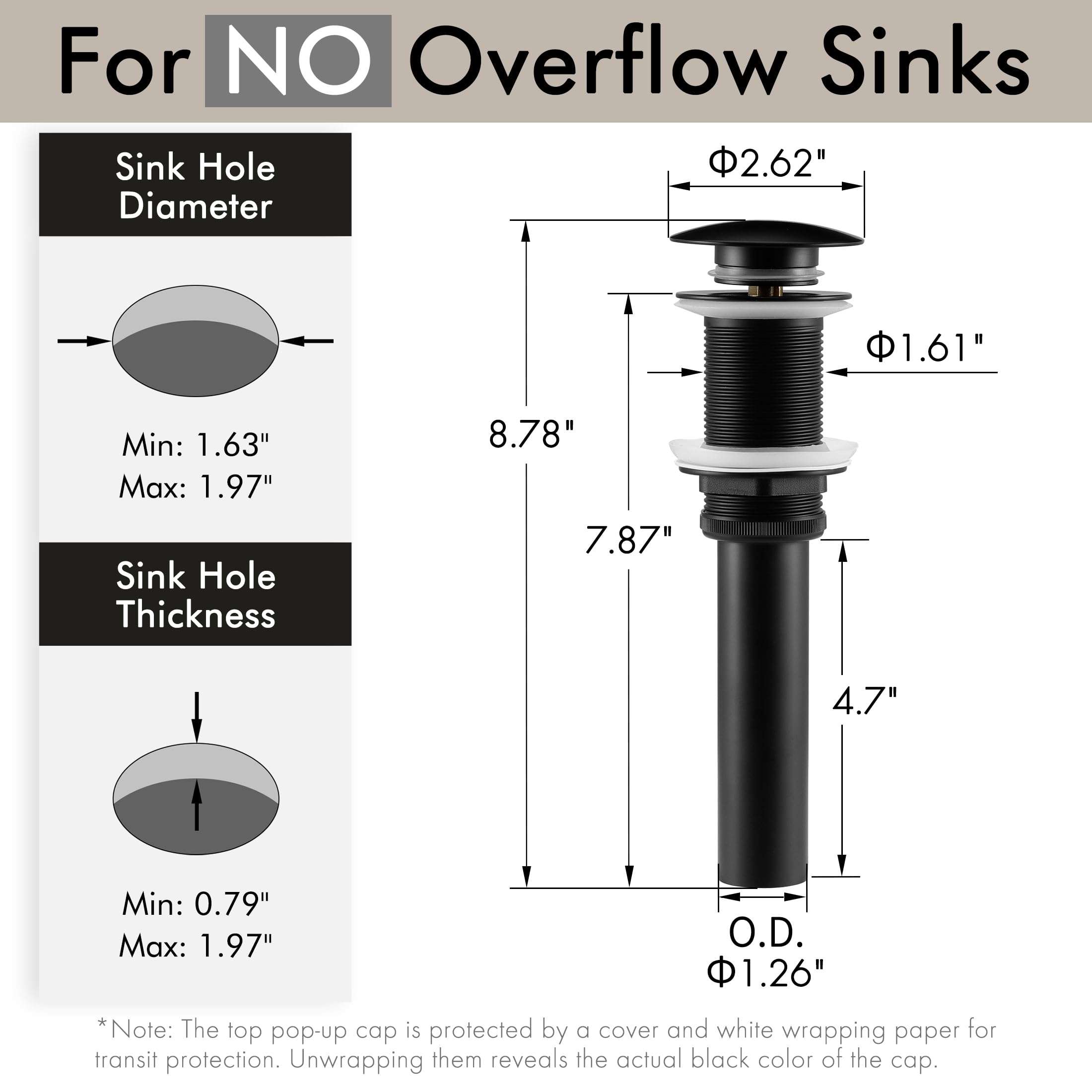 KES Bathroom Sink Drain Without Overflow Vessel Sink Lavatory Vanity Pop Up Drain Stopper Matte Black, All Metal Rustproof Brass and 304 Stainless Steel, S2008D-BK - Image 2