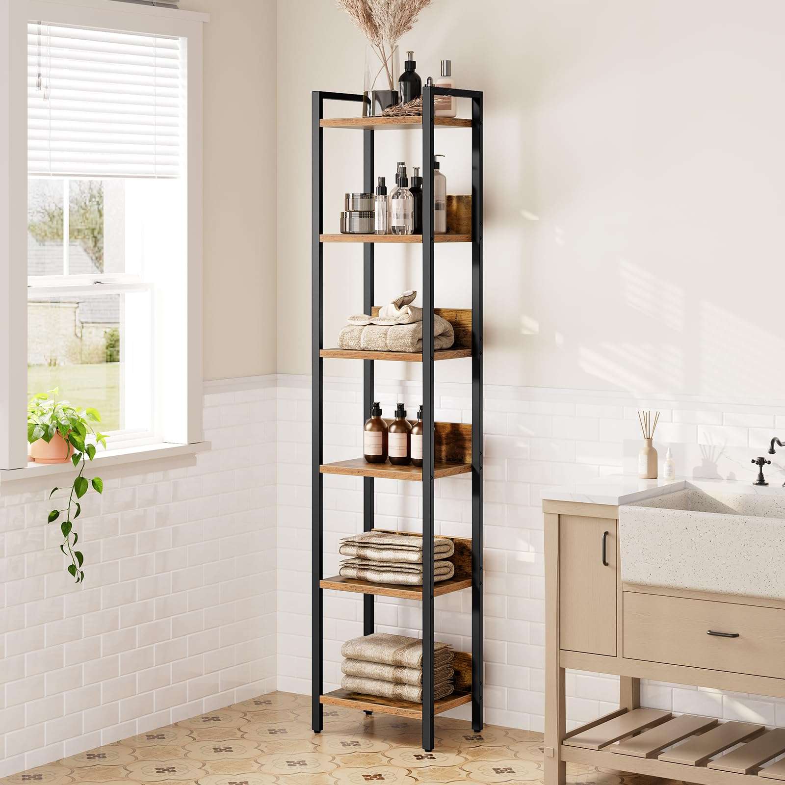 MAHANCRIS Bookshelf, 6-Tier Bookcase, Standing Book Shelf for Small Space, Storage Shelf Organizer, for Living Room, Bedroom, Study, Balcony, Rustic Brown and Black BKHR6601 - Image 6