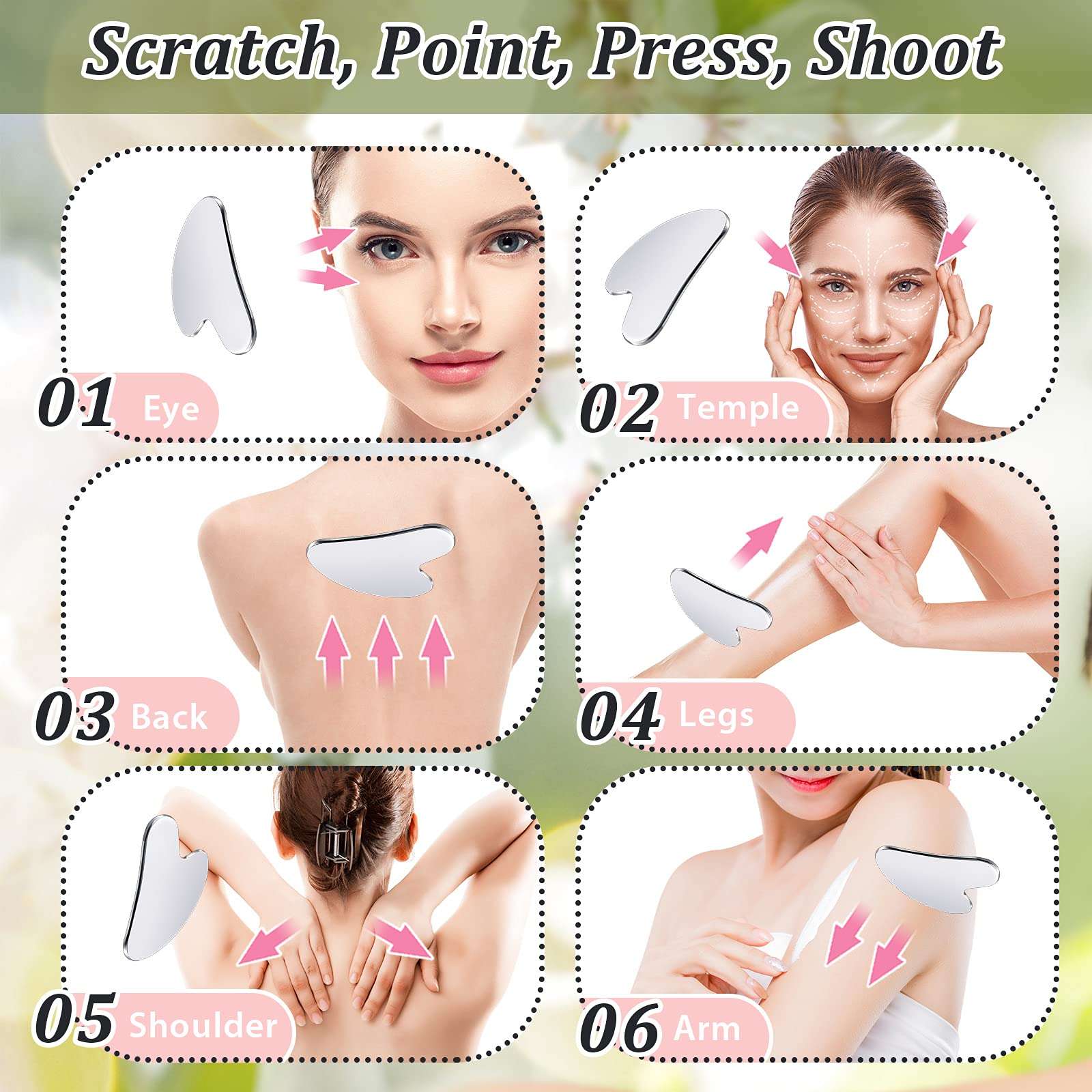 Nuanchu Stainless Steel Gua Sha Facial Tools Lymphatic Drainage Massager Guasha for Face Metal Gua Sha Skin Self Care Gifts Face Sculpting Guasha for Body Eyes Jawline Shaper with Pouch(Silver) - Image 6