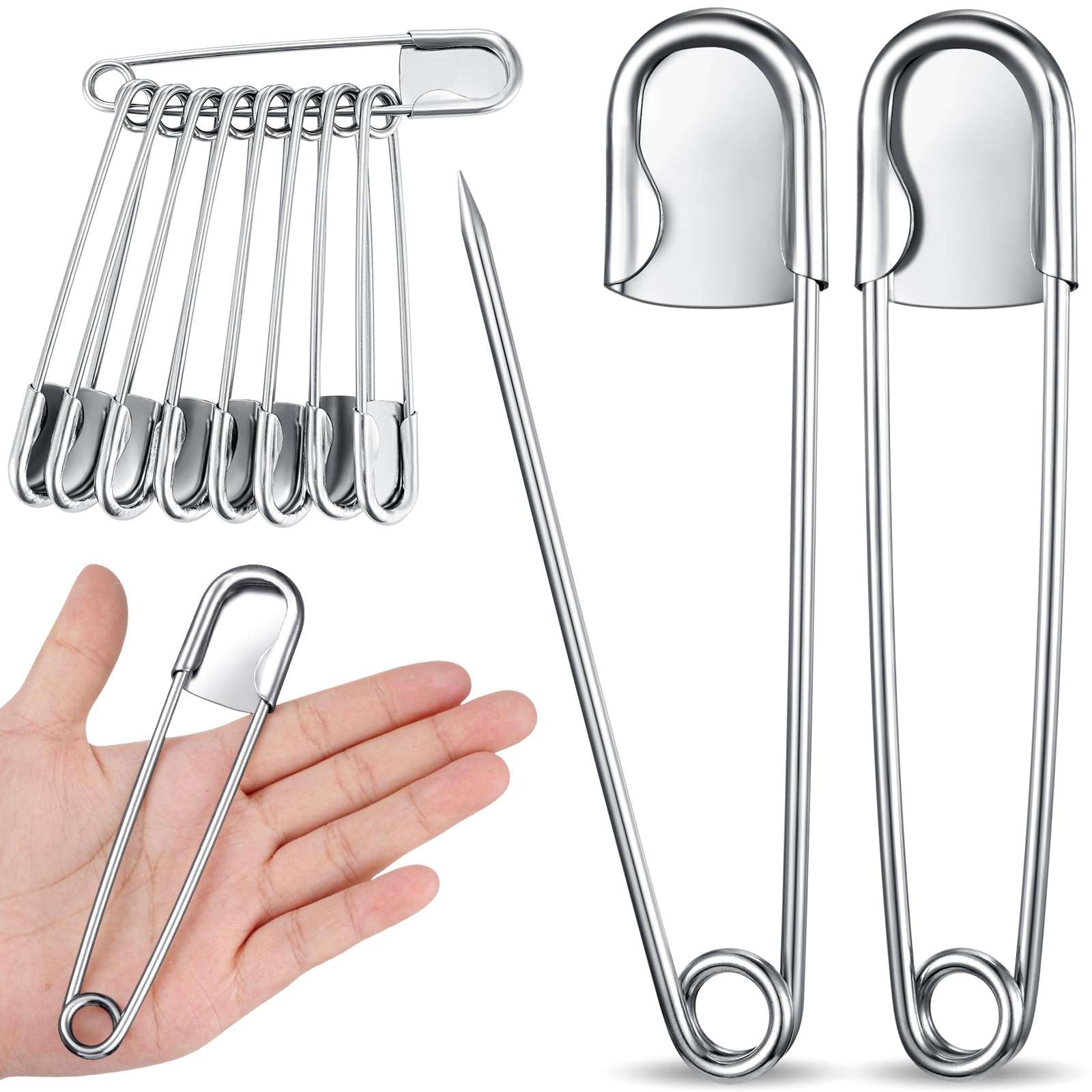 Juexica 10 Pcs 5 Inch Jumbo Stainless Steel Safety Pins Large Heavy Duty Huge Strong Laundry Pins for Upholstery Sewing Quilting Key Rings Craft Outdoor (Silver) - Image 1