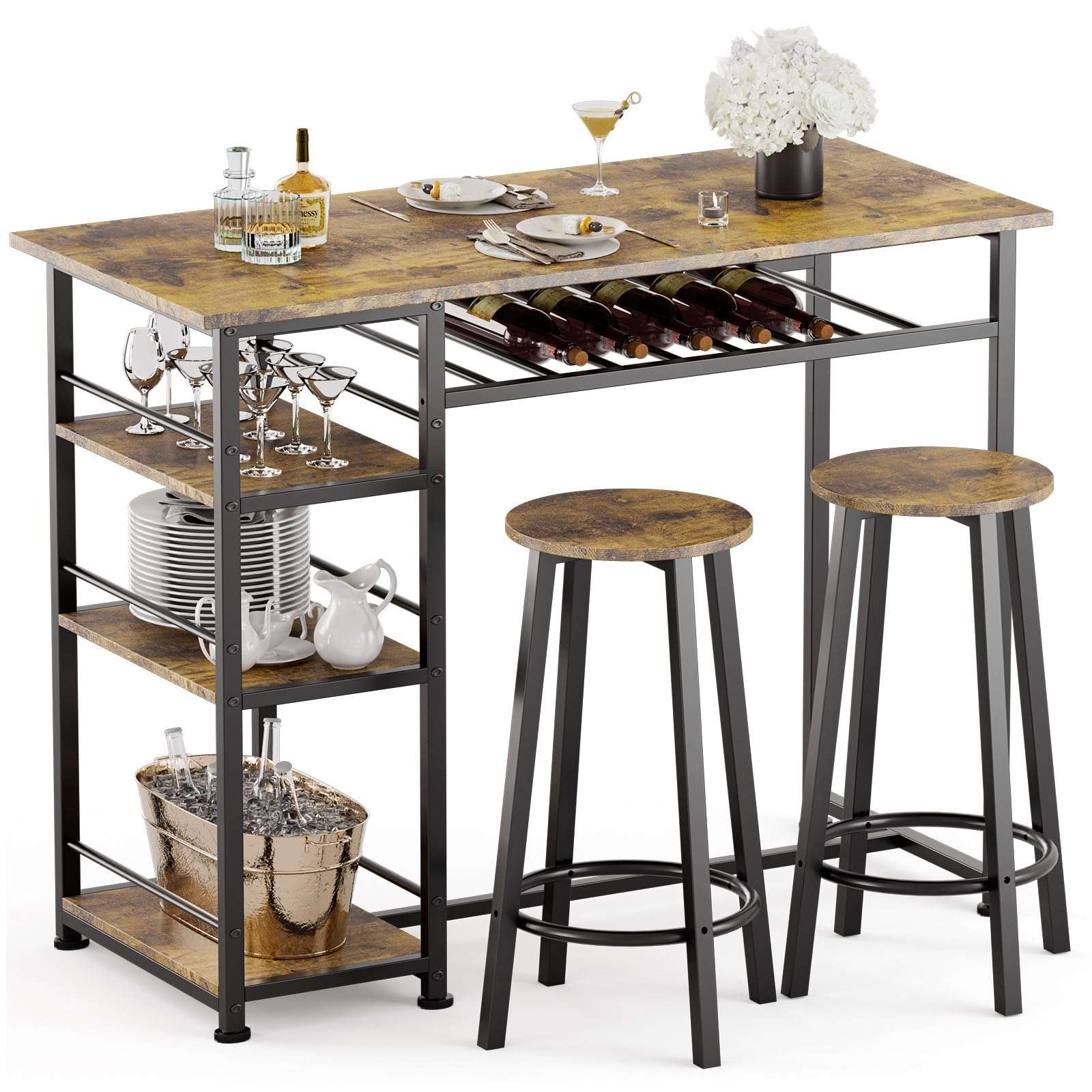 COMHOMA Dining Table Set for 2, Counter Height Kitchen Table and Chairs with Storage Shelves & Wine Rack, Bar Table Set with 2 Bar Stools, 3 Piece Dining Room Table Set for Small Space, Retro Brown - Image 1